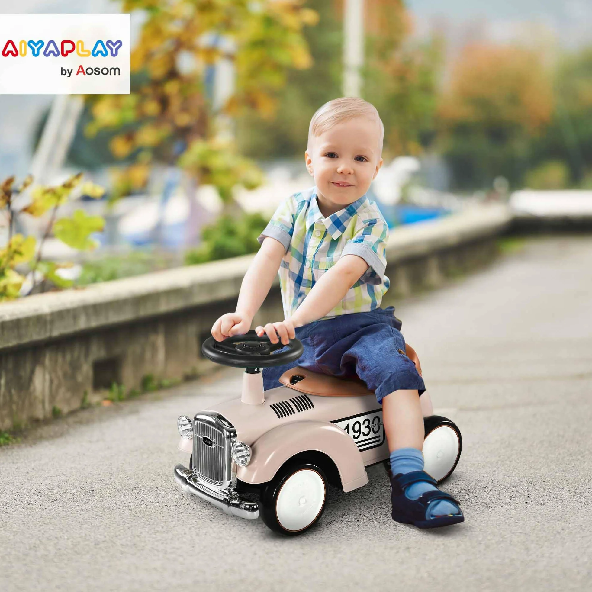 AIYAPLAY Correpasillos para Bebés de 12 a 36 Meses Coche sin Pedales con Bocina Compartimento de Almacenaje y Volante para Interior y Exterior 58x27x35 cm Crema