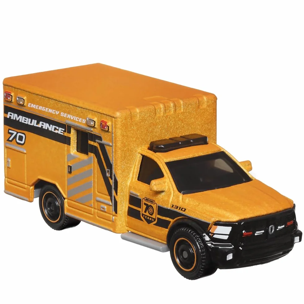 Matchbox Moving Parts 70 Years Special Edition Vehículo fundido a presión – HMV12 ~ Inspirado en la ambulancia Ram 2019 ~ 5/5 Naranja y Negro