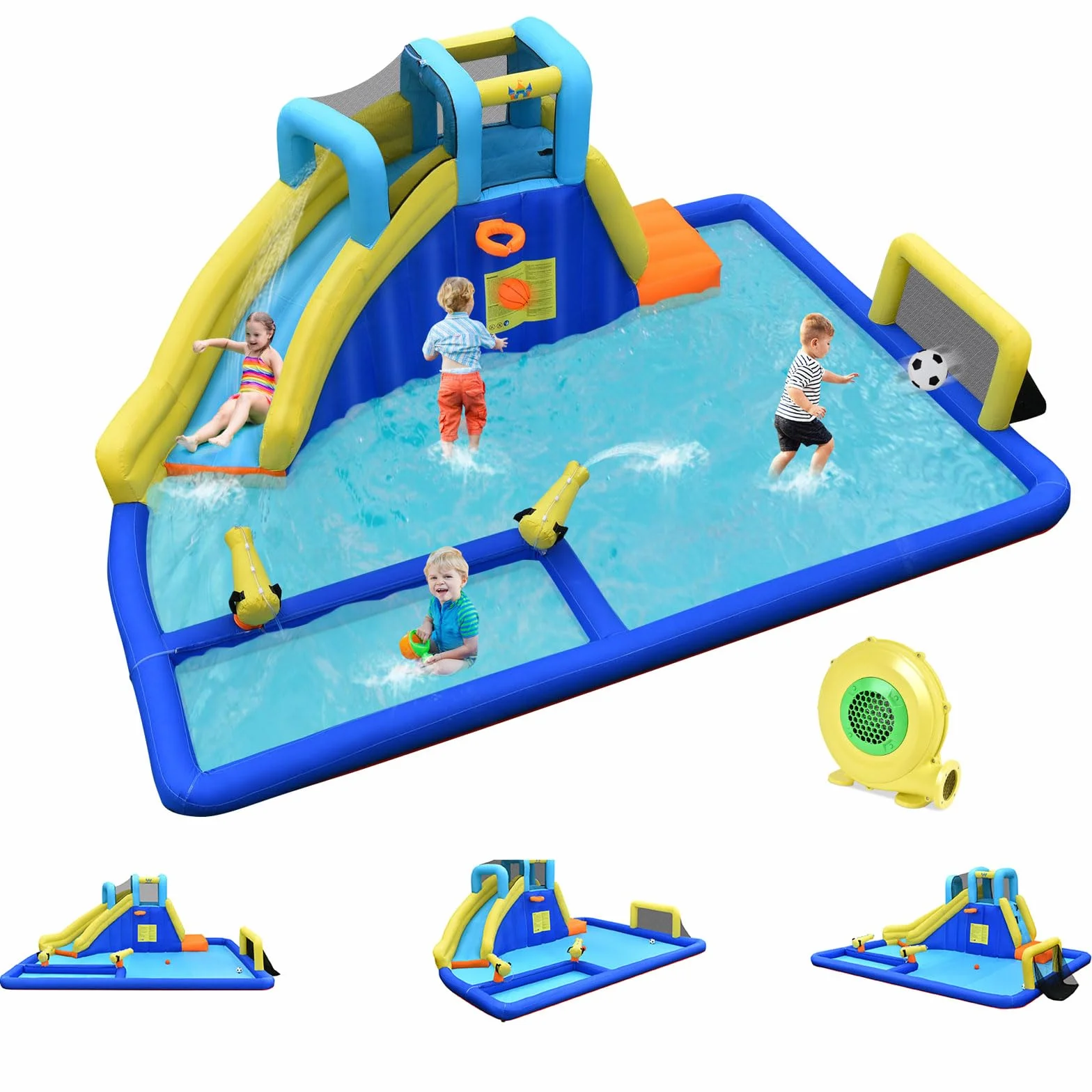 GOPLUS - Castillo hinchable con tobogán y pistola de agua, zona de juegos acuática con entretenimiento múltiple, ideal para niños mayores de 3 años (con soplador de 680 W)