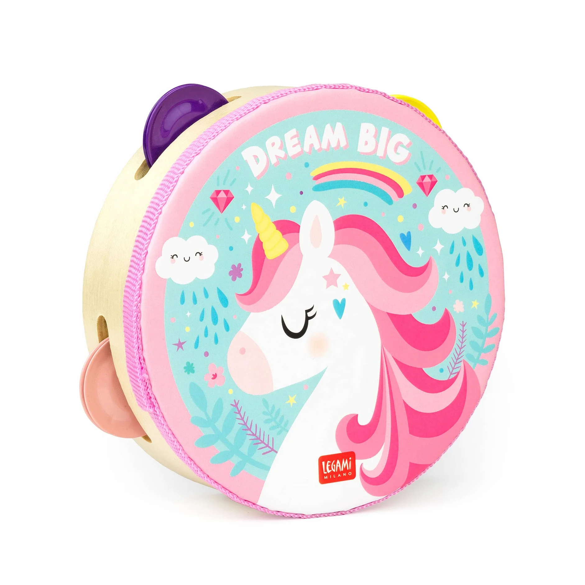 Legami - Pandereta Infantil 4 Sonajeros Mejora la Coordinación, Capacidad Motora, Sentido del Ritmo, Ø 14,5 cm, Tema Unicorn