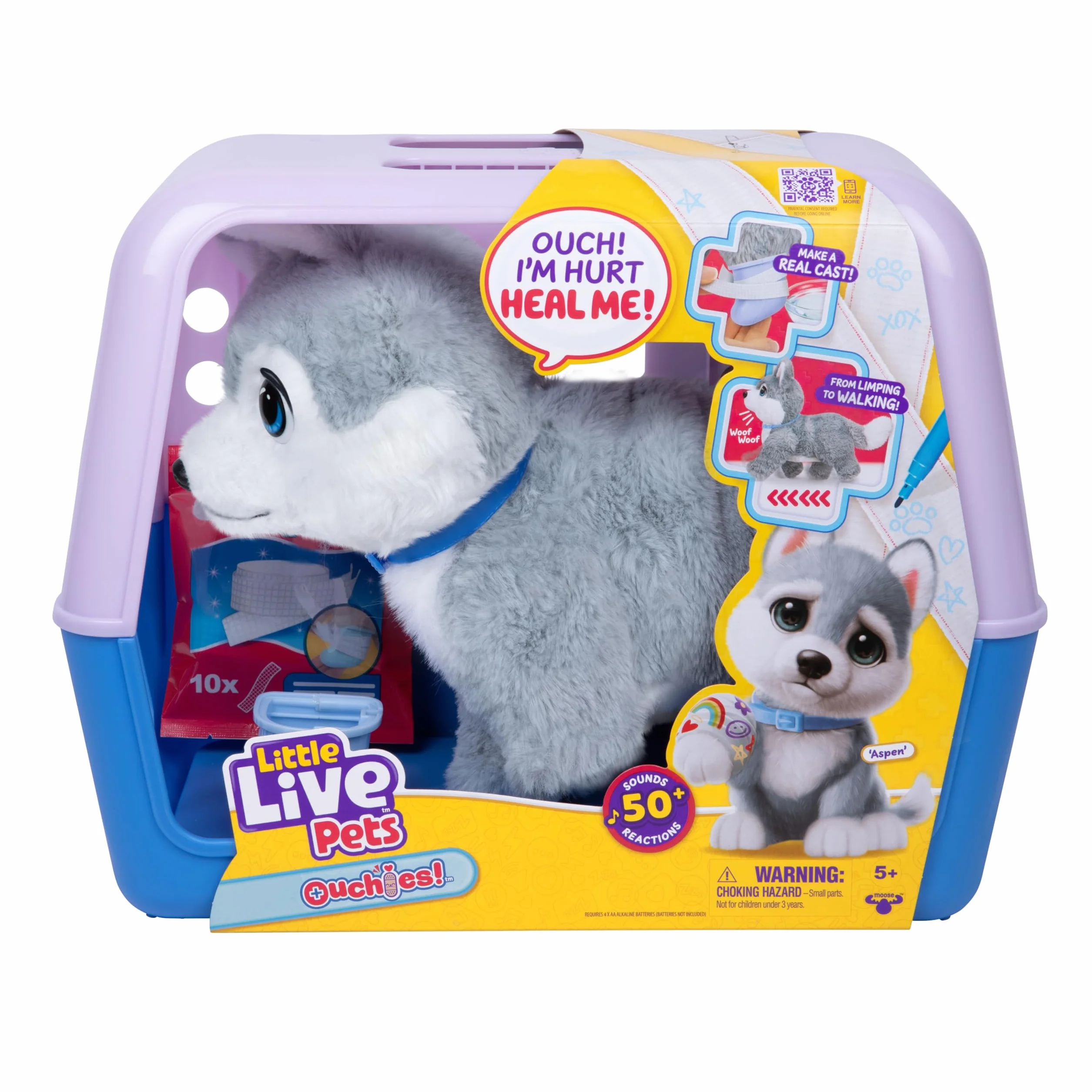 Little Live Pets Ouchies Aspen – Exclusivo Cachorro Husky Interactivo con más de 50 Sonidos y reacciones, Incluye Set de Veterinario y Bolsa de Transporte, a Partir de 4 años