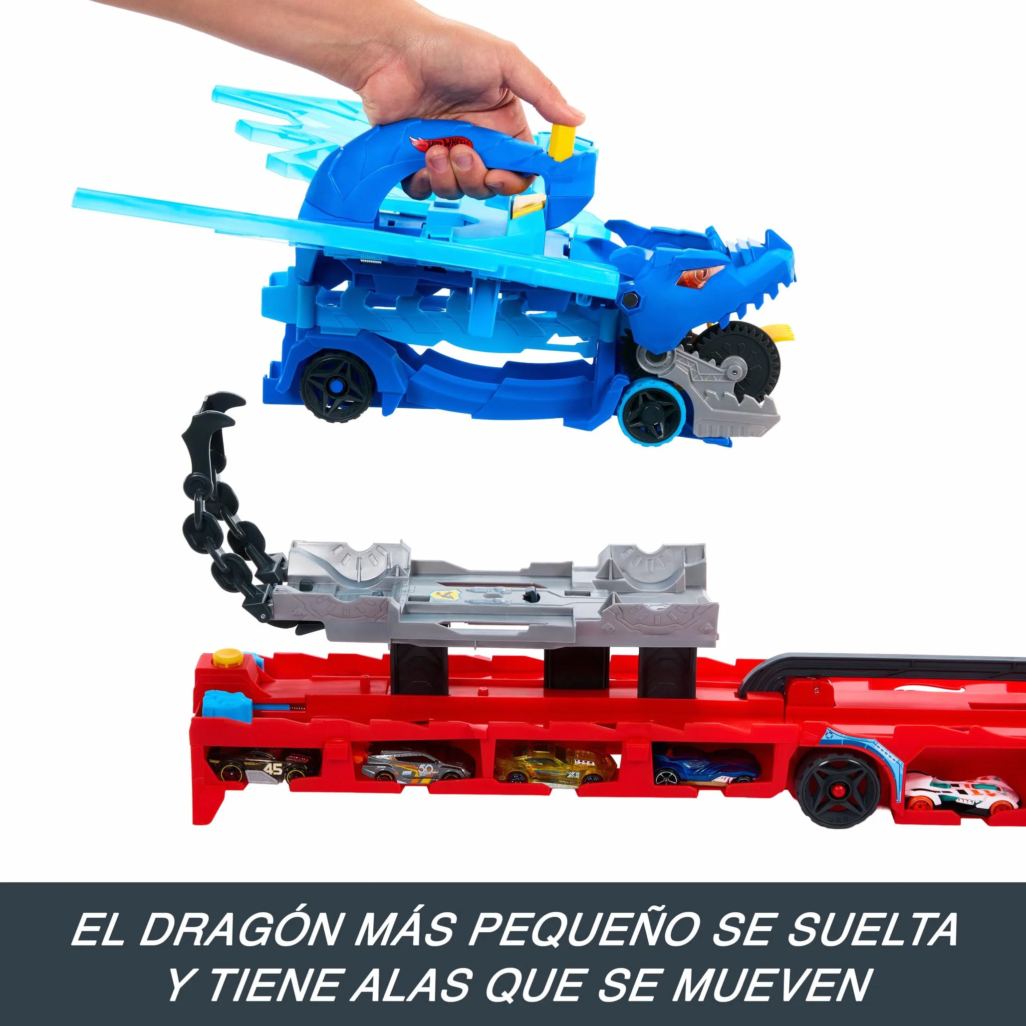 Hot Wheels City Dragón transportador con Ataque Doble definitivo Conjunto de Pista de Coches de Juguete con 2 Coches metálicos, dragón a Gran Escala y Desmontable, Capacidad más 20 vehículos, JKJ79