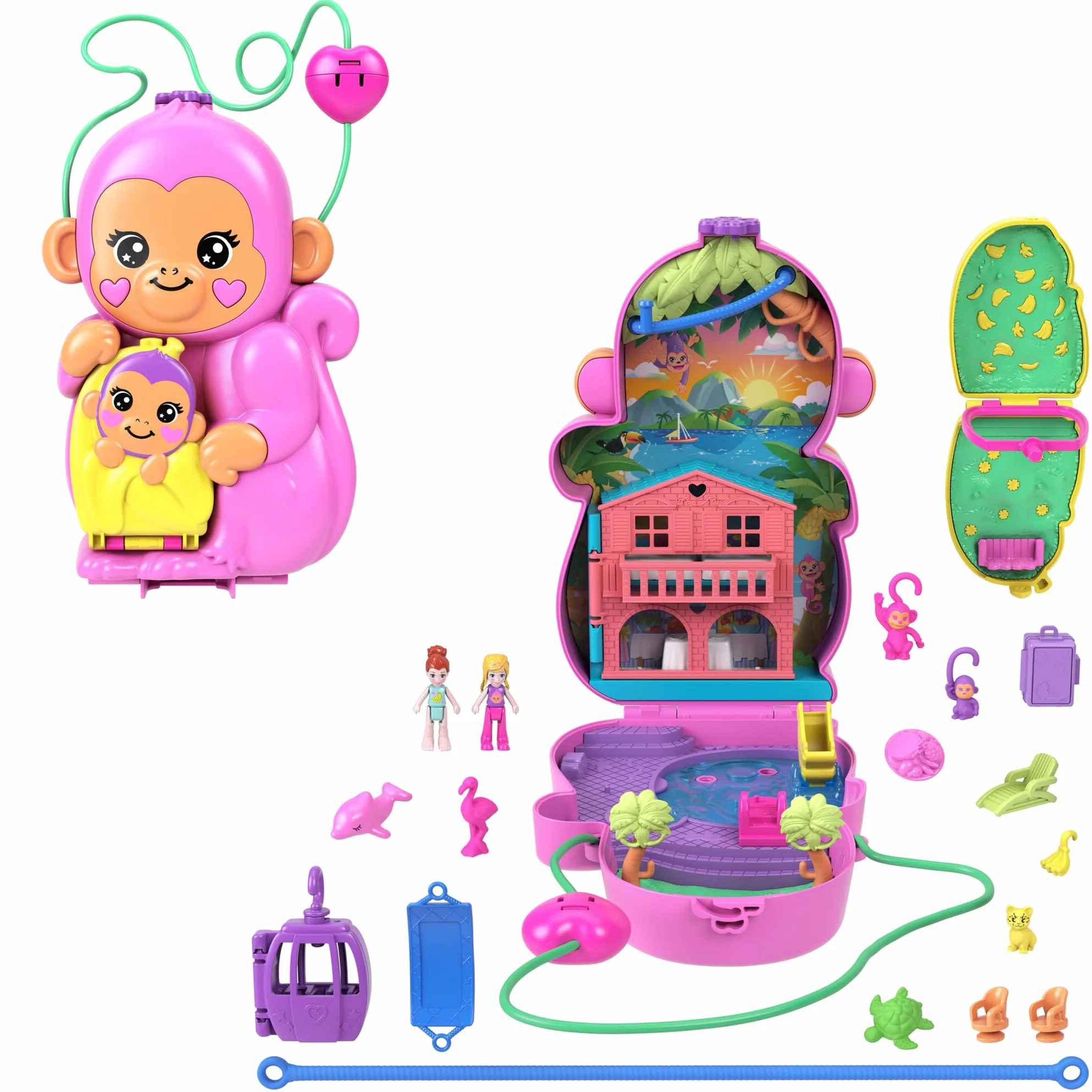 Polly Pocket Adventures in Rio Mamá mono y su bebé, Cofre-bolso 2 en 1, 2 sets de juego que incluyen 2 mini muñecas, animales y teleférico, juguete regalo para niños y niñas +4 años, HWP04