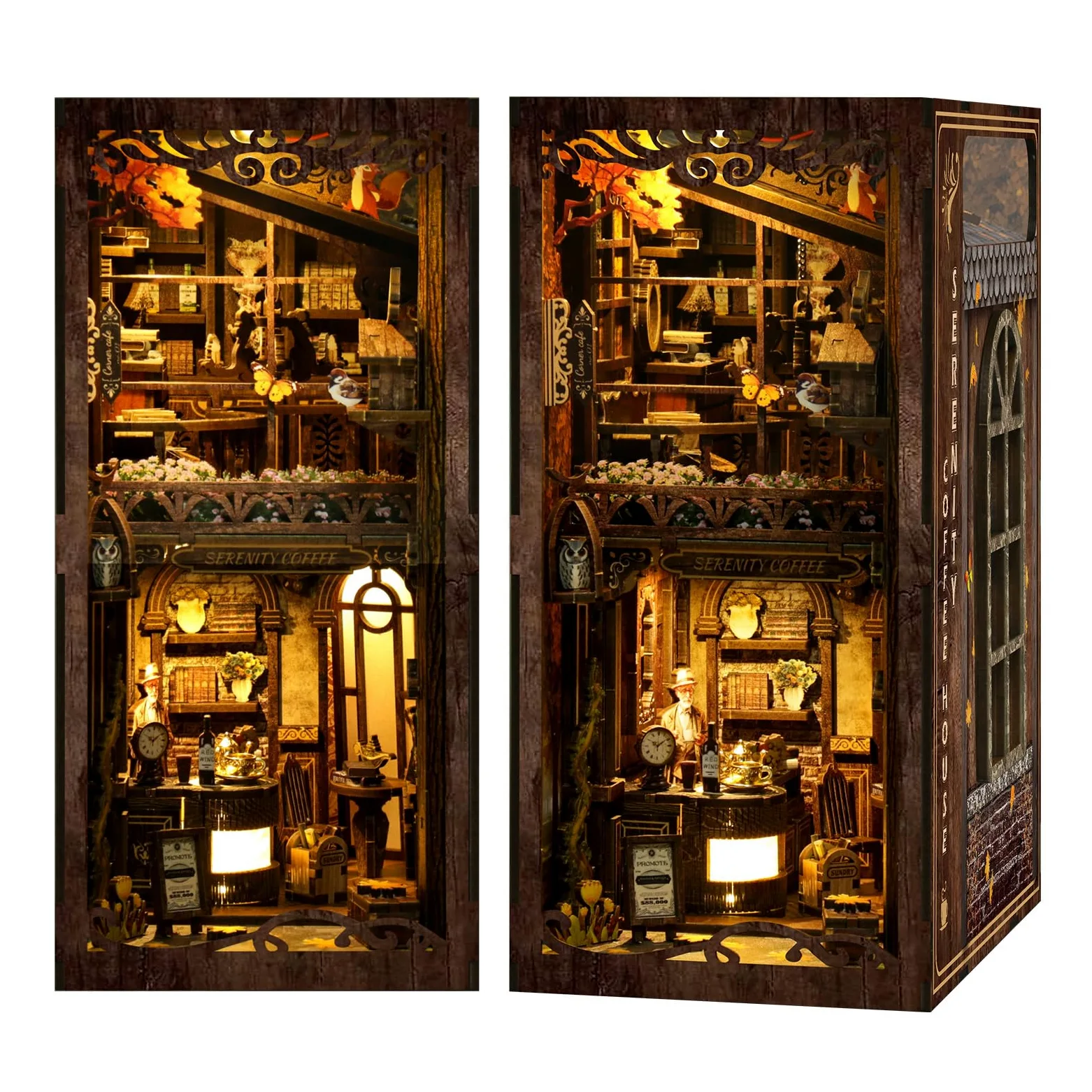 Clover&Clover Kit de rincón de libros con luces LED, casa de muñecas en miniatura para bricolaje, inserto de estantería de madera, rompecabezas de madera 3D, regalo para los amantes de los libros