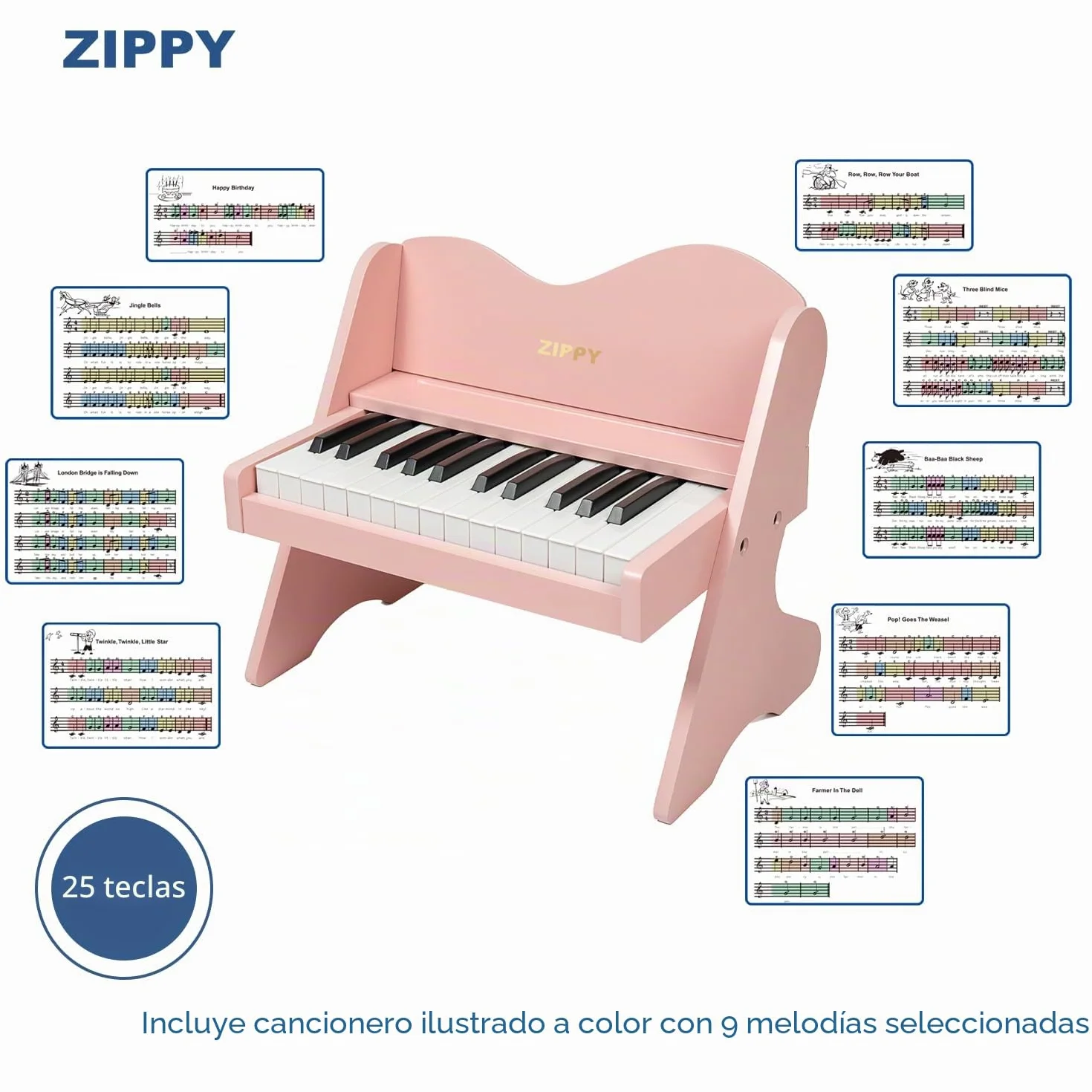 ZIPPY Teclado de Piano para niños, 25 Teclas, Volumen Ajustable, Mini Instrumento de Aprendizaje de música, Piano de Madera para niños pequeños (Rosa)