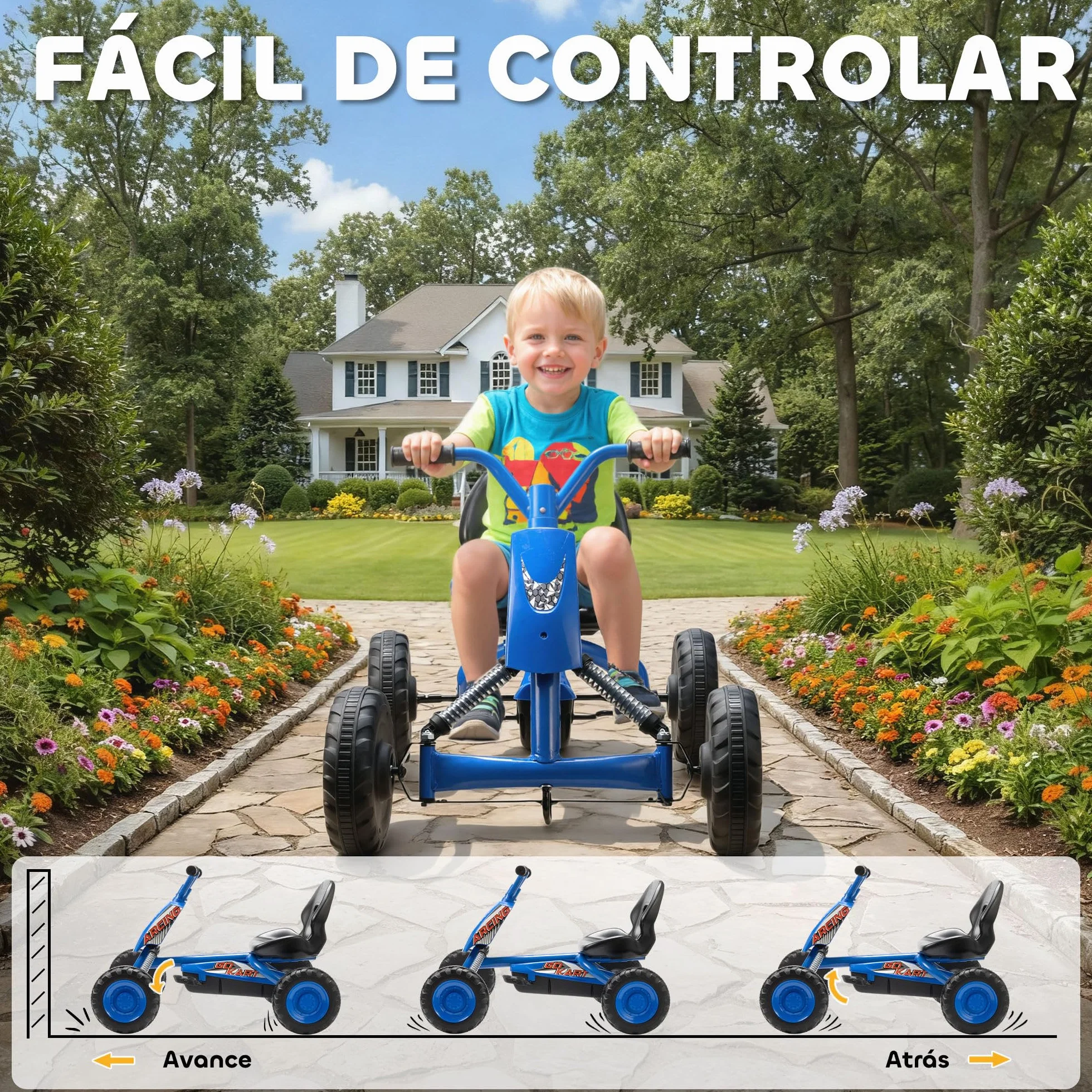 AIYAPLAY Kart Pedales, Go Kart con Ruedas PP, Marco de Acero, Carga 30 kg, para Niños y Niñas de 2-5 Años, Azul