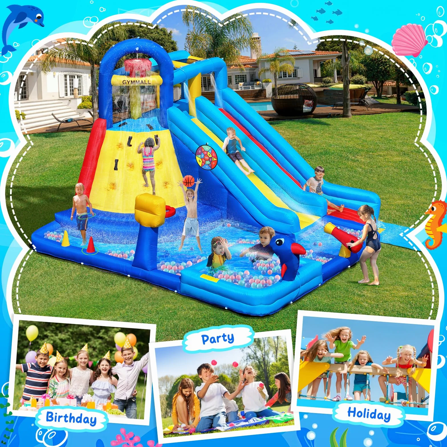 GYMMAL Castillo Hinchable para Niños, Parque Infantil Exterior, con Pared de Escalada y Tobogán Doble - Hinchable para Niños 3-12 Años (4x3,6x2,6m)