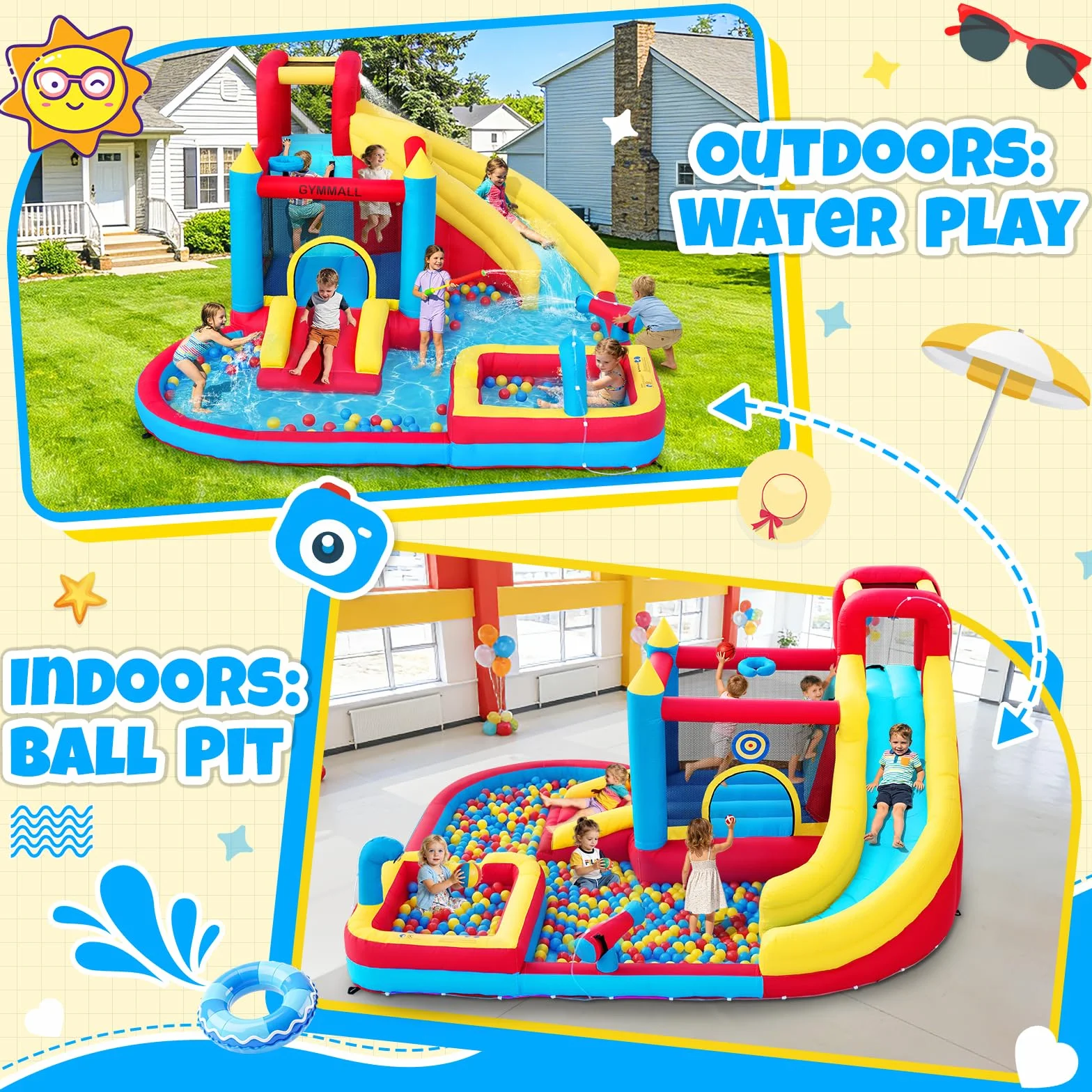 Castillo Hinchable para Niños, 8 en 1 con Soplador 480W, Tobogán Largo, Pared de Escalada, Trampolín y Zona de Chapoteo, Ideal para Uso Interior y Exterior en Vacaciones