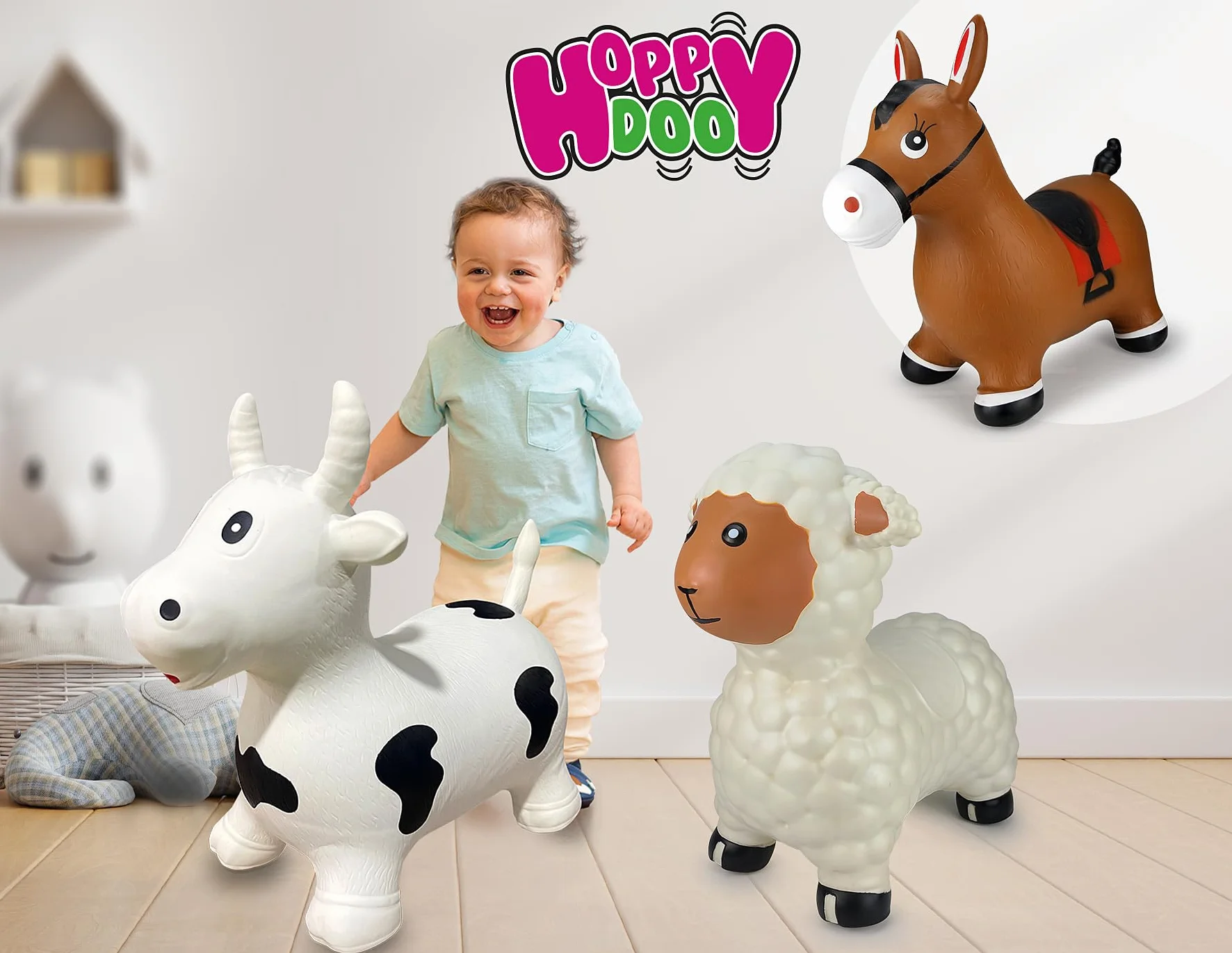 Jamara 460590 - Animal Saltarín Oveja Blanca con Bomba – Peso hasta a 50 kg, Orejas como Soporte, Resistente, Promueve el Sentido del Equilibrio, Simple de Limpiar