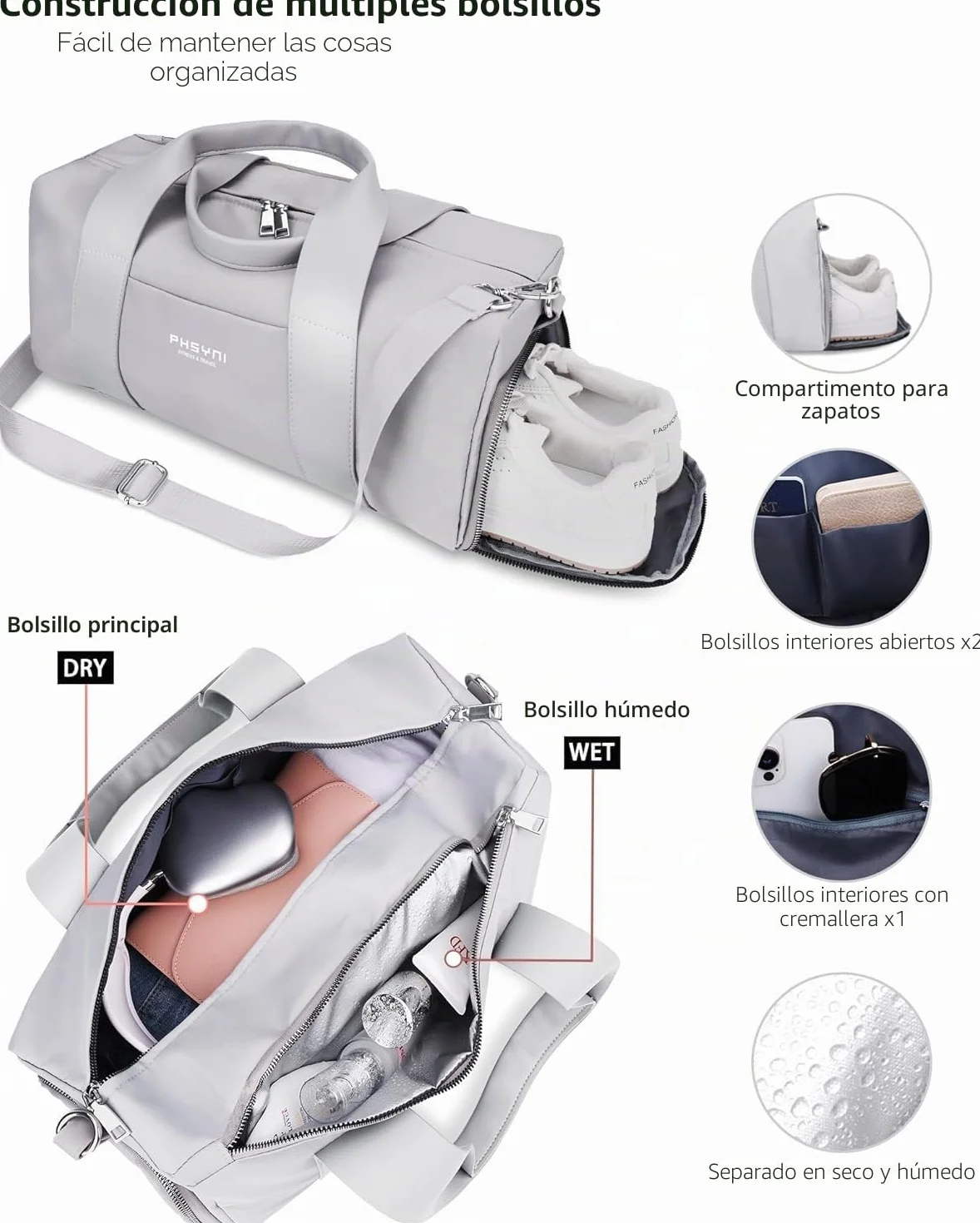 Bolsa de Deporte Pequeña para Mujeres, Niñas y Niños, Fitness, Entrenamiento, Baile, Ballet, Natación con Zapatero Independiente y Bolsillo Impermeable, Gris, 40x19x20 cm, 15L