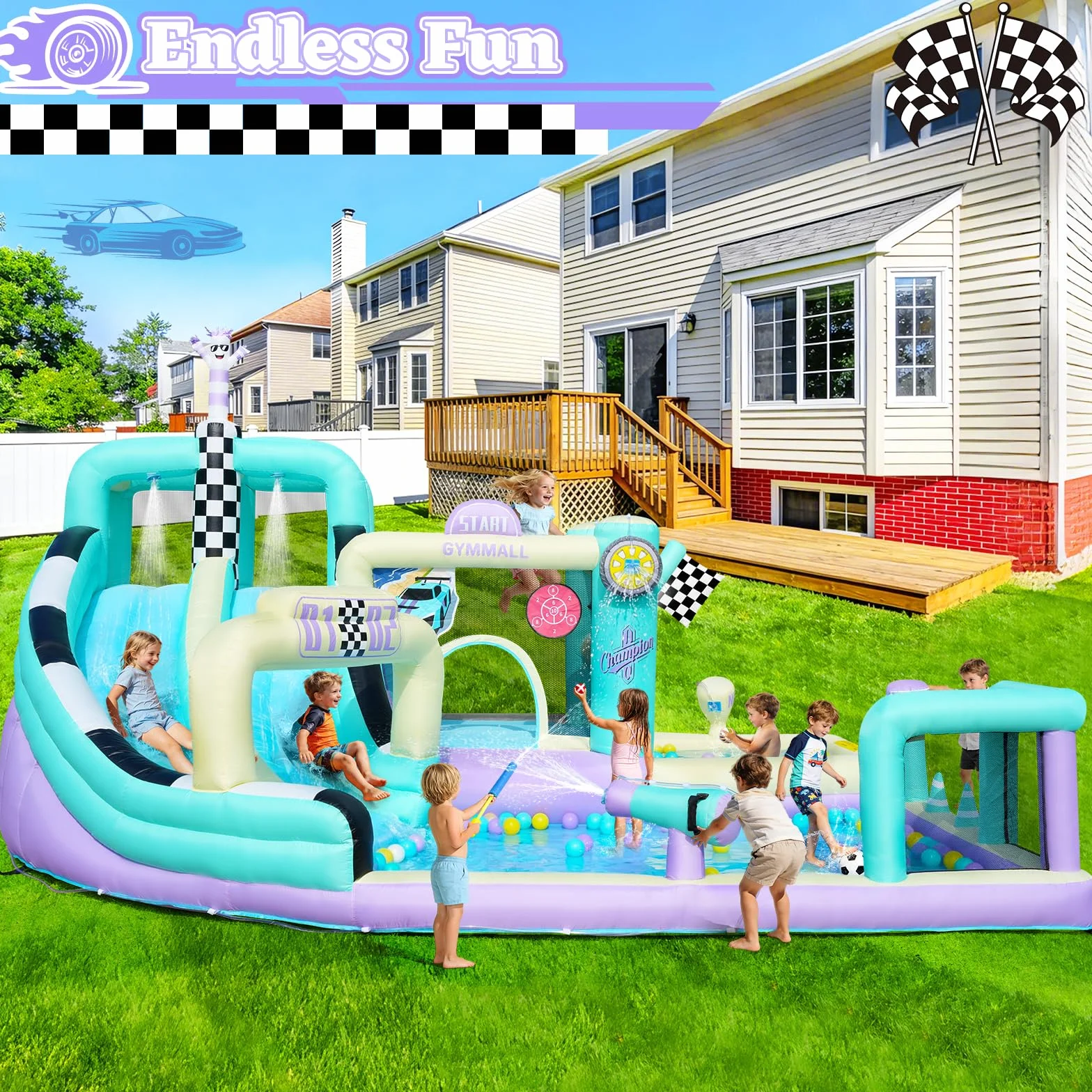 Castillo Inflable de Carreras para Niños, Gran Castillo Inflable 12 en 1 con Soplador de 750W, Doble Tobogán de Agua, Splash Pool, Zona de Salto, Apto para Interiores y Exteriores