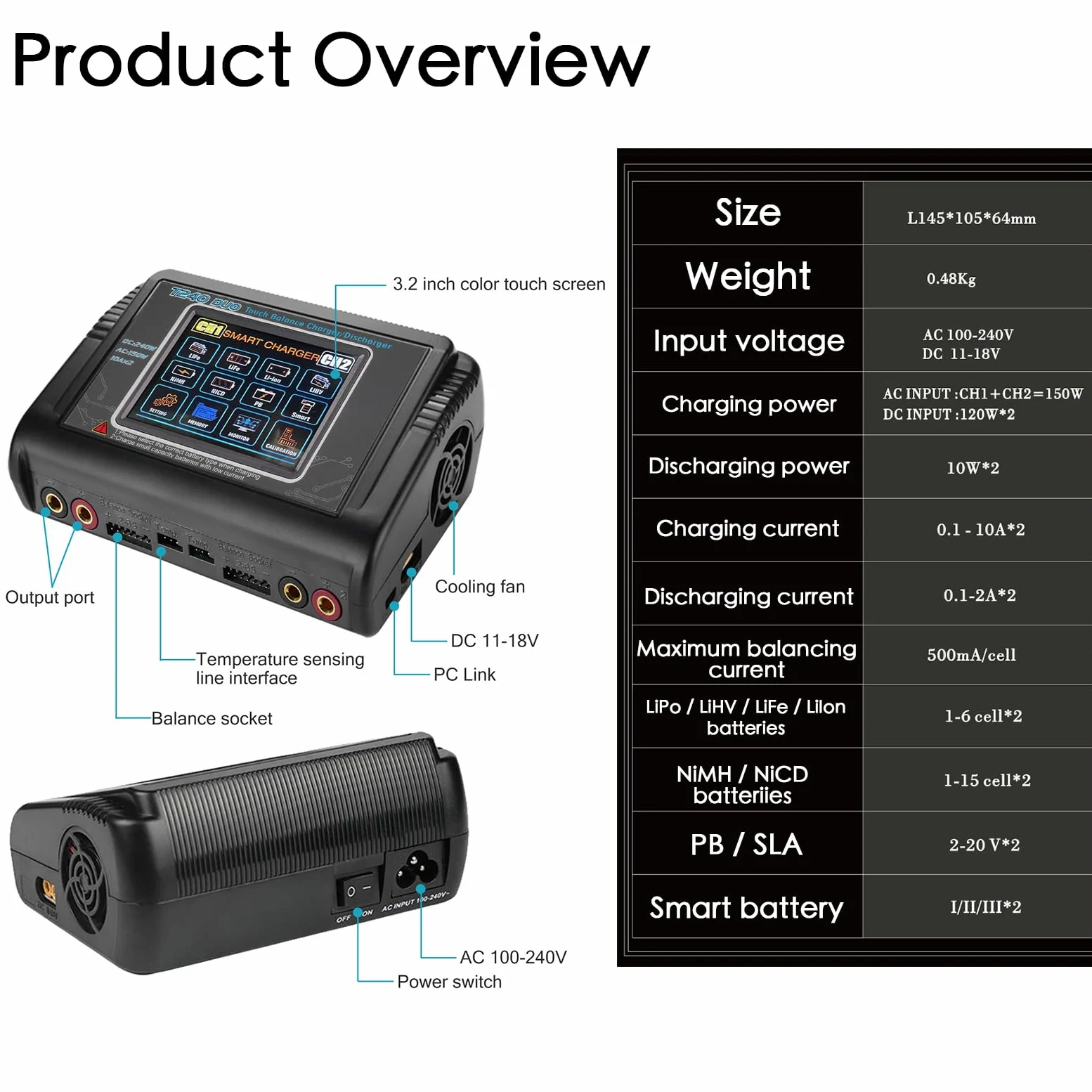 Cargador de batería T240 para LiPo/LiHV/LiFe/NiMH/NiCd, pantalla táctil grande de 3.2 pulgadas y doble puerto disponible, entrada CA/CC y corriente ajustable de 0.1-10 A