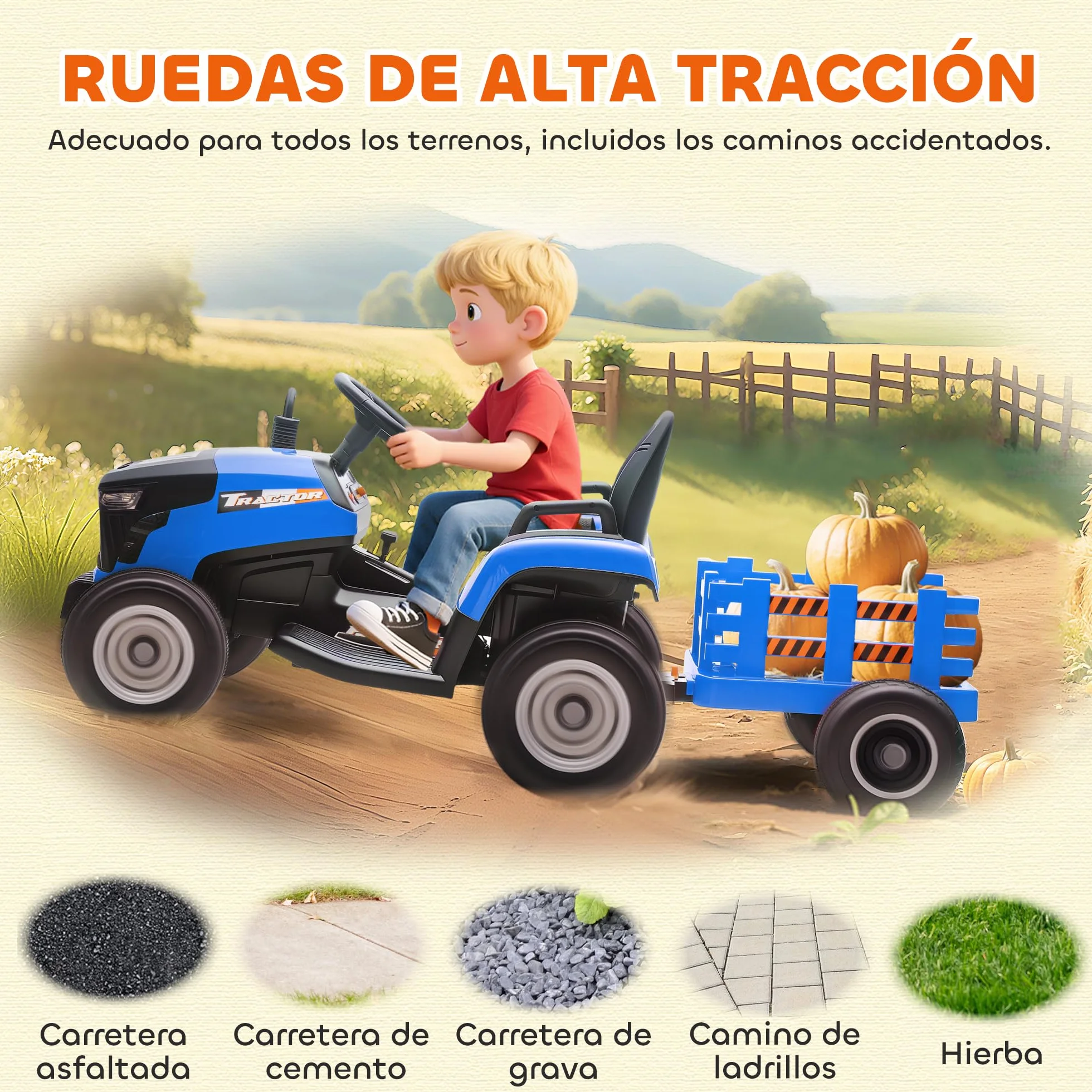 AIYAPLAY Tractor Eléctrico para Niños 12V con Remolque Desmontable, Control Remoto 2,4G, Azul
