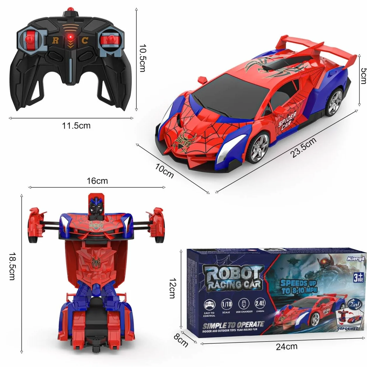 Coche Teledirigido Niños 3 4 5 6 7 8 9 Años, 2 en 1 Radiocontrol Transformar RC Cars/Robots Rotación 360° Coches Juguetes Spider, Juegos Infantiles Regalos Cumpleaños Navidad Niños Niñas 3-10 Años