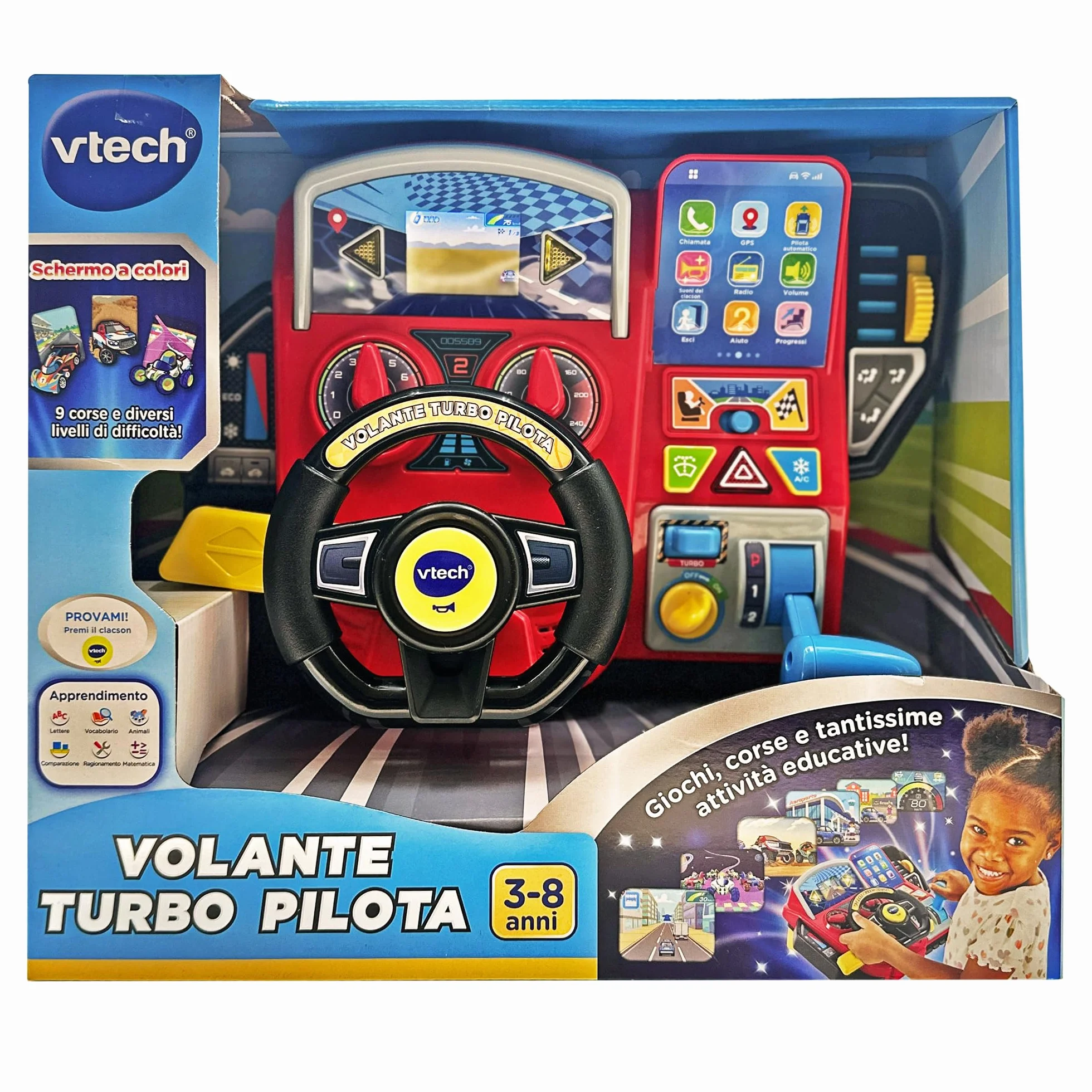 VTech Volante Turbo Piloto Infantil con Tablero Interactivo, 20 Juegos Educativos, 9 Circuitos, Pantalla LCD, Italiano
