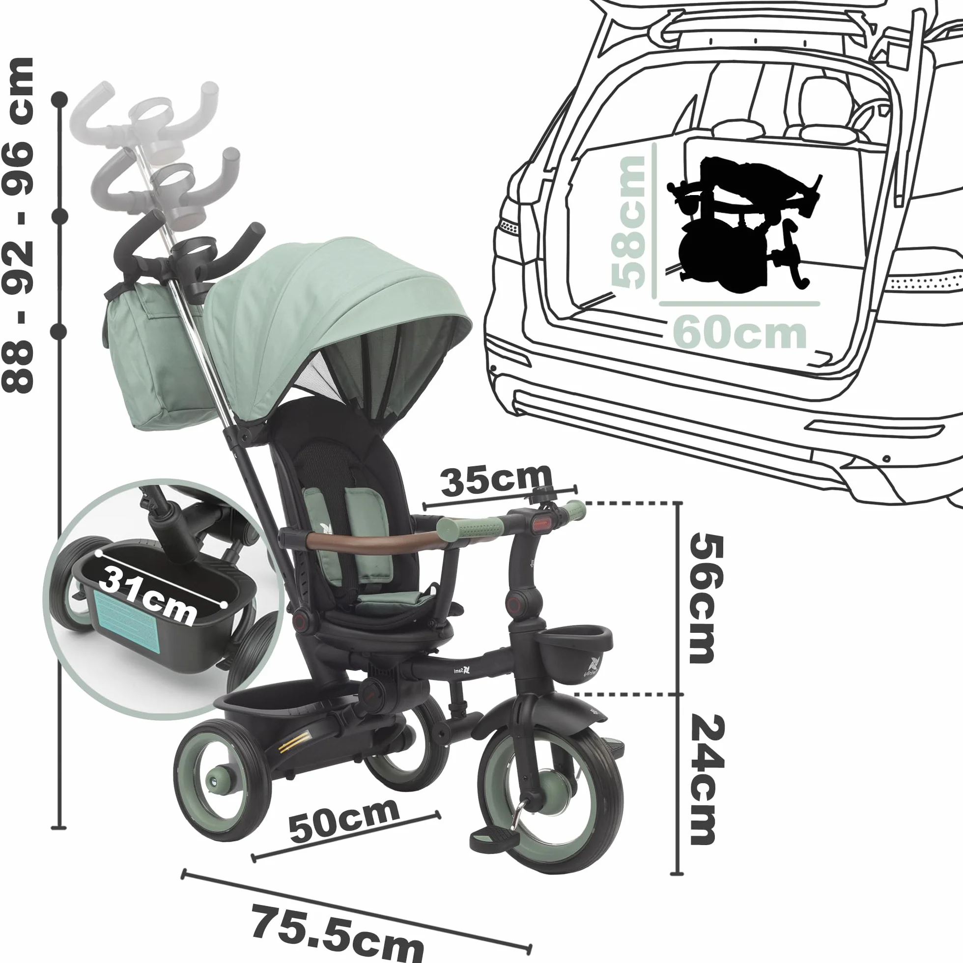 Twinly Triciclo Evolutivo Bebé Plegable Sami, Verde Oscuro | Asiento Reversible 360° , Respaldo Reclinable, Cinturón de 5 Puntos, Capota UPF50+, Plegado Compacto