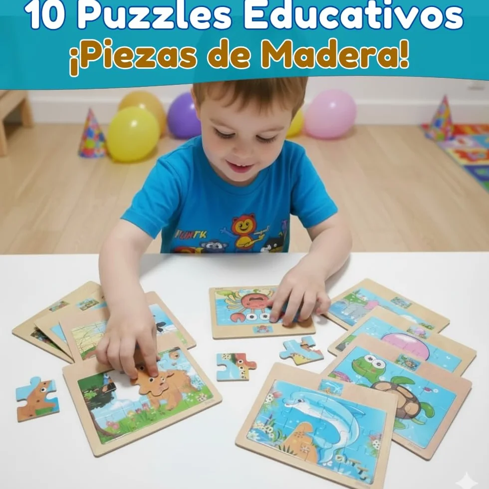 Pack 10 Puzzle Madera, Puzzles Infantiles Niños 3 a 8 Años, Juguetes Educativos, Regalos Cumpleaños Niños, Set de 10 Rompecabezas con Dinvertidos Animales (Pack 10 Puzzles)