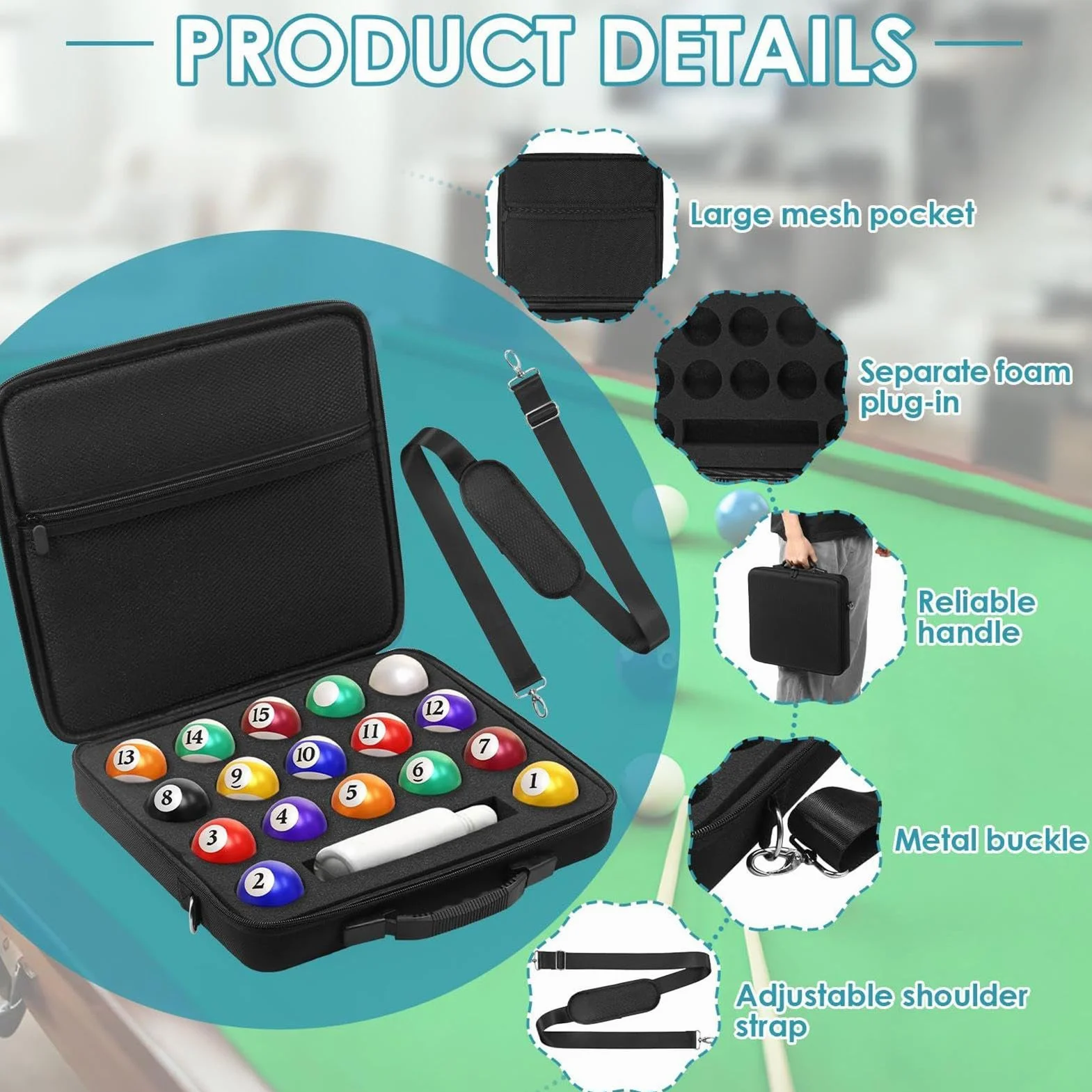 Pool Ball Case EVA Large Capacity Portable Organizer Padded Billiard Carrying Bag for Travel Training