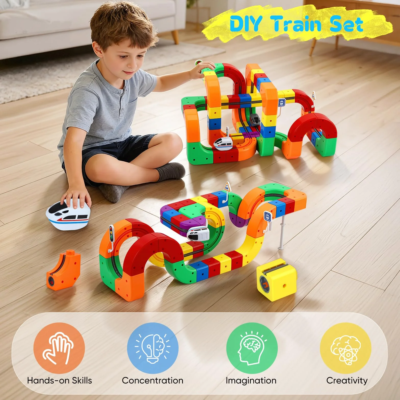 51 Piezas Juego de Trenes de Cubos mágicos, Juego de Trenes eléctricos, diseños 3D Integrados, Pista de Carreras Flexible, Juguete de construcción de automóviles motorizados
