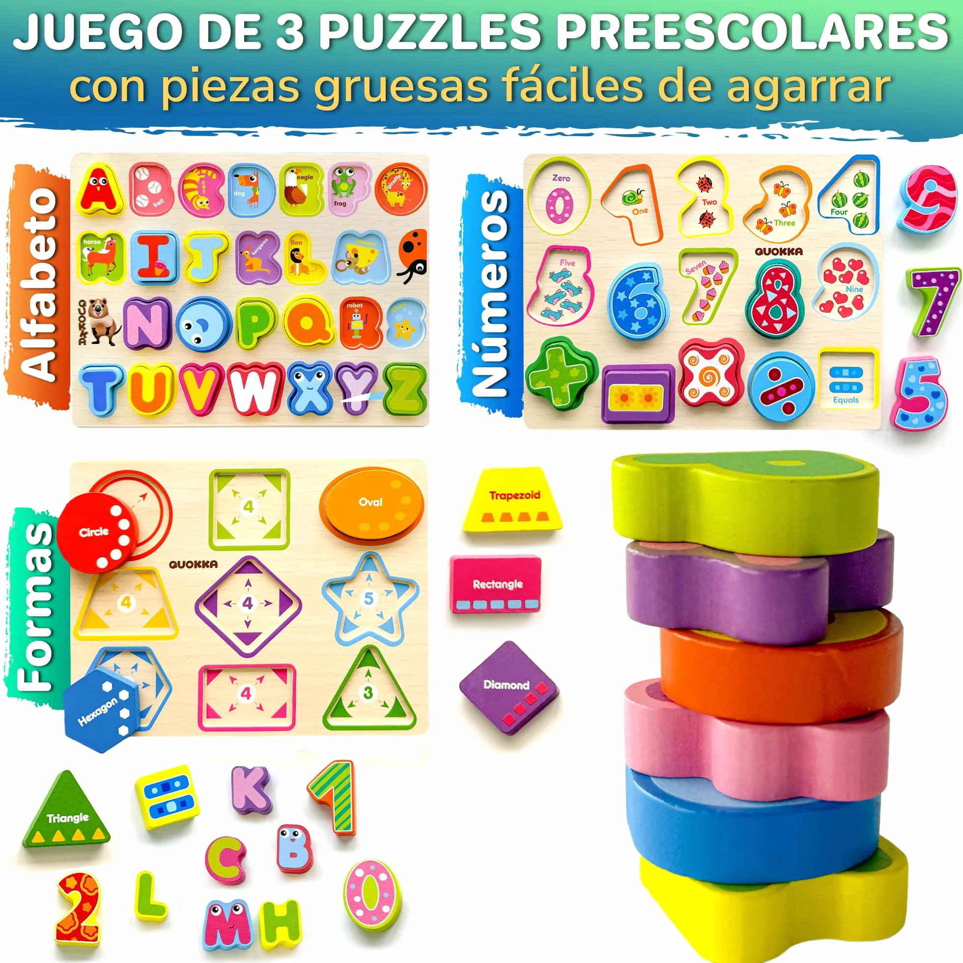 QUOKKA Puzzle Madera Niños 1 2 Años – 3 Juego de Letras 3 4 Años - Grueso Montessori Puzzle Numeros Alfabeto y Formas para Bebe 18 Meses - Juegos Didácticos para Niños y Niñas de 2 a 5