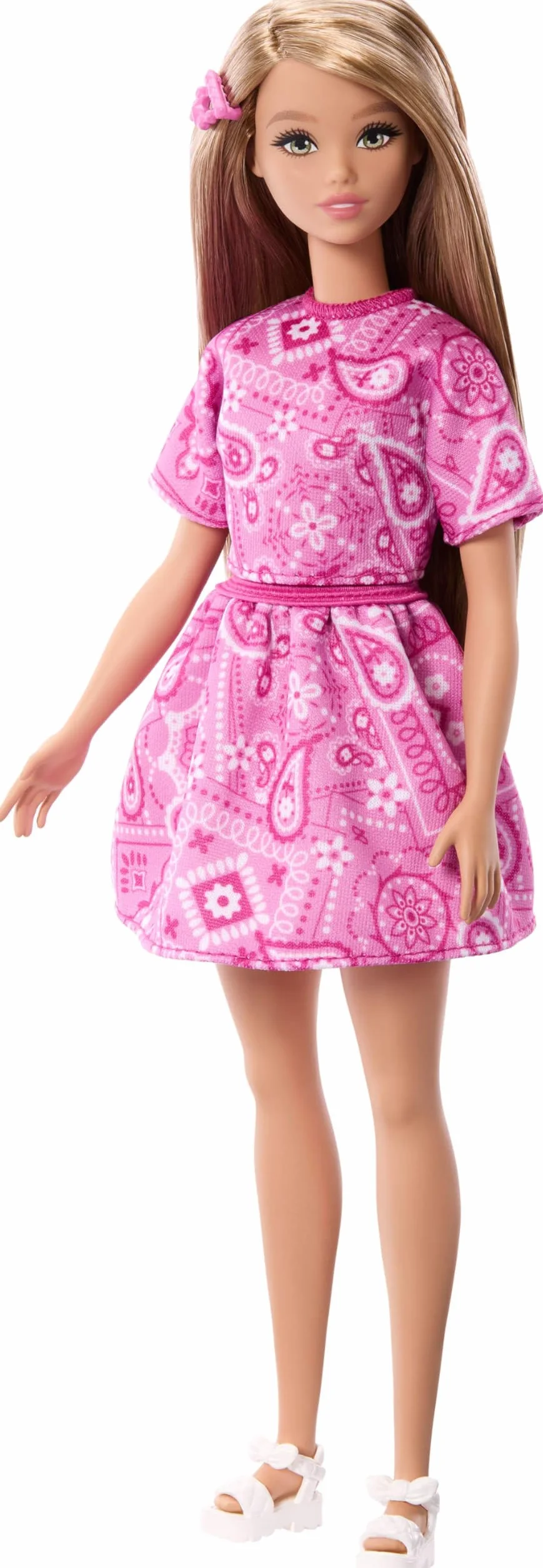 Barbie Fashionistas Style, muñeca n.º 249, con Pelo Rubio, Falda y Camisa con Estampado de Cachemir Rosa y Sandalias Blancas con Plataforma, JJN62