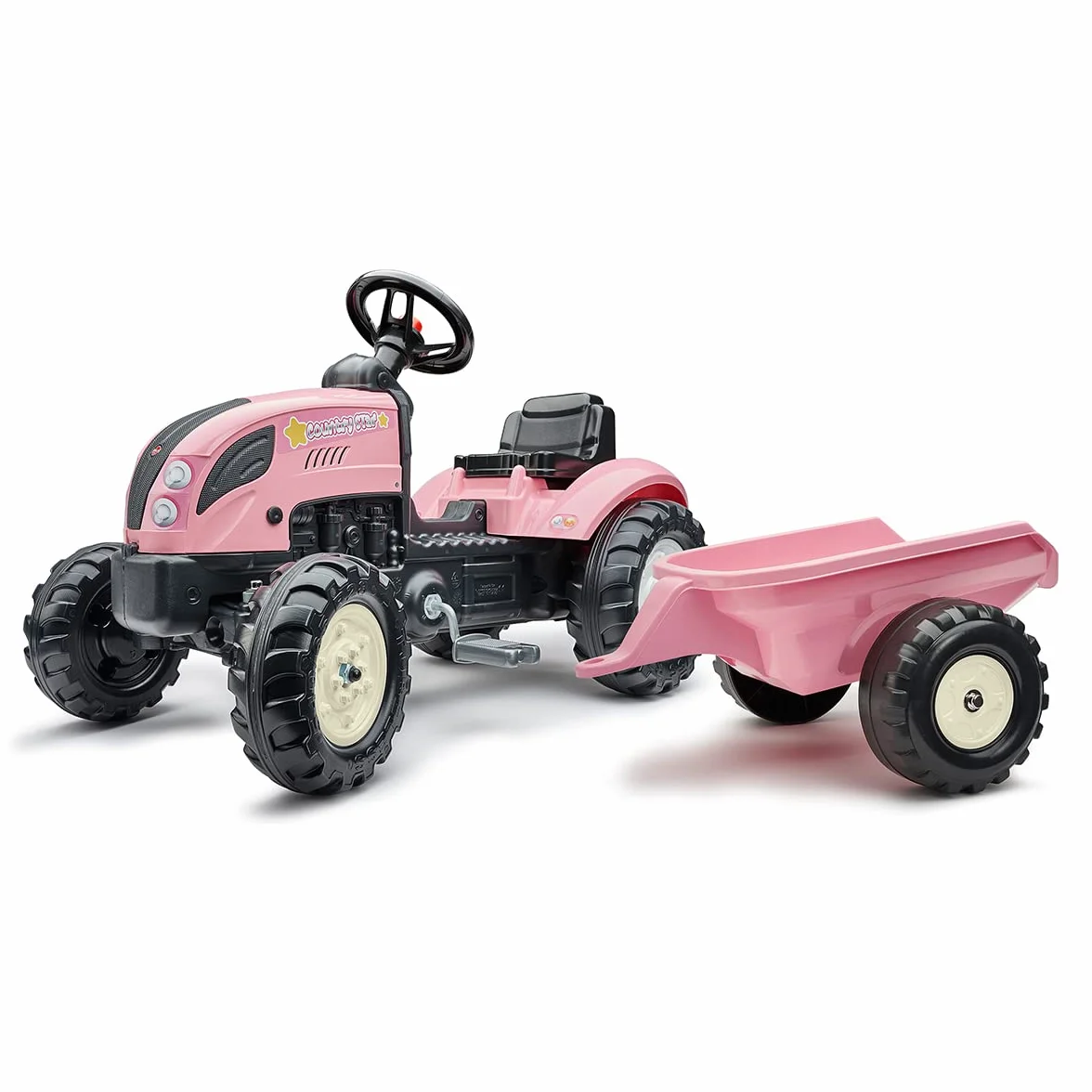 Falk - Tractor de Pedales Rainbow Star Rosa con Remolque - A Partir de 2 años - Contiene 40% de plástico Reciclado - Fabricado en Francia - 2056L