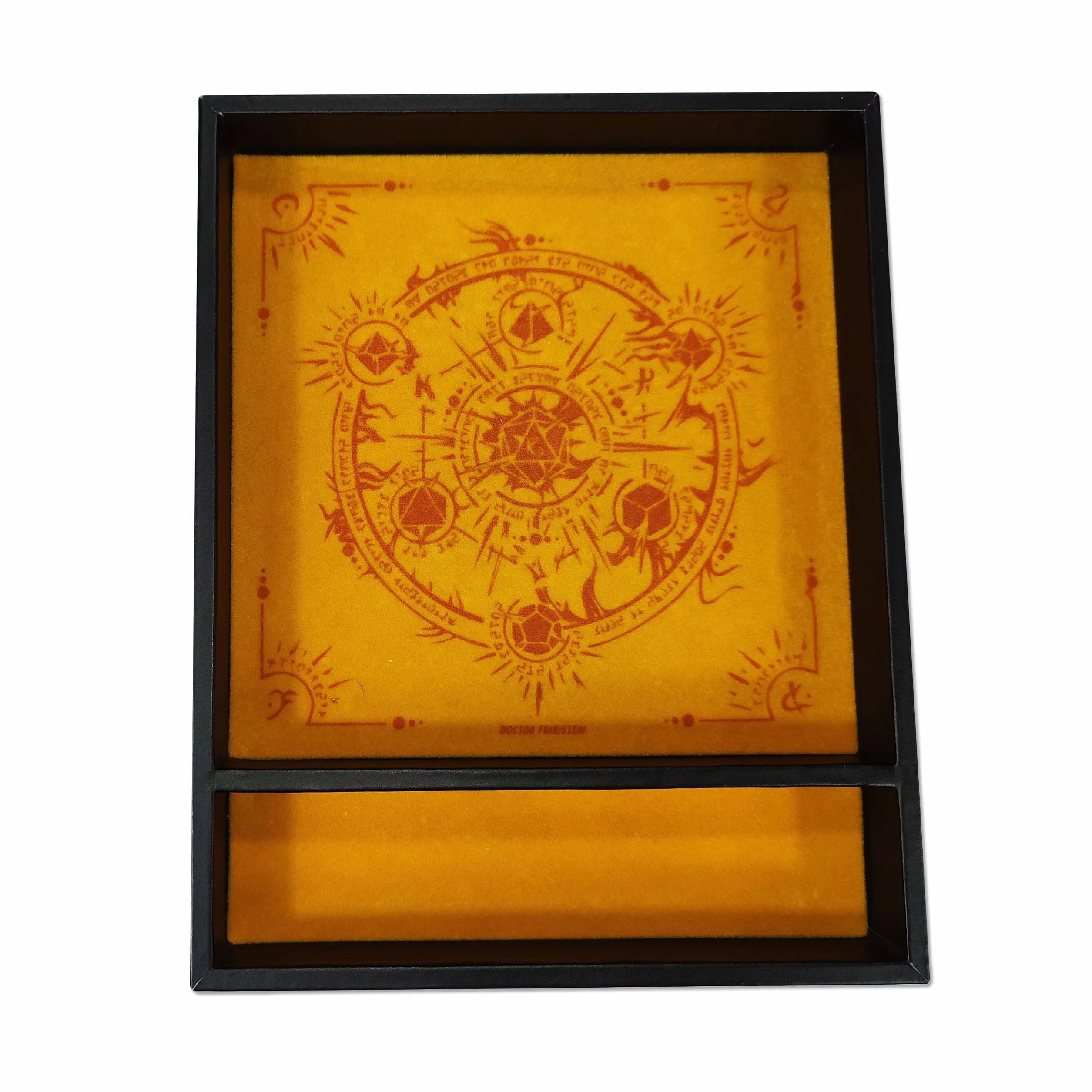 Bandeja Dados Rectangular 'Critical Roll', Fabricada con Polipiel y Terciopelo, Zona de Almacenamiento, DISEÑO Exclusivo y Compatible con Cualquier Juego de Mesa y rol (Amarillo)