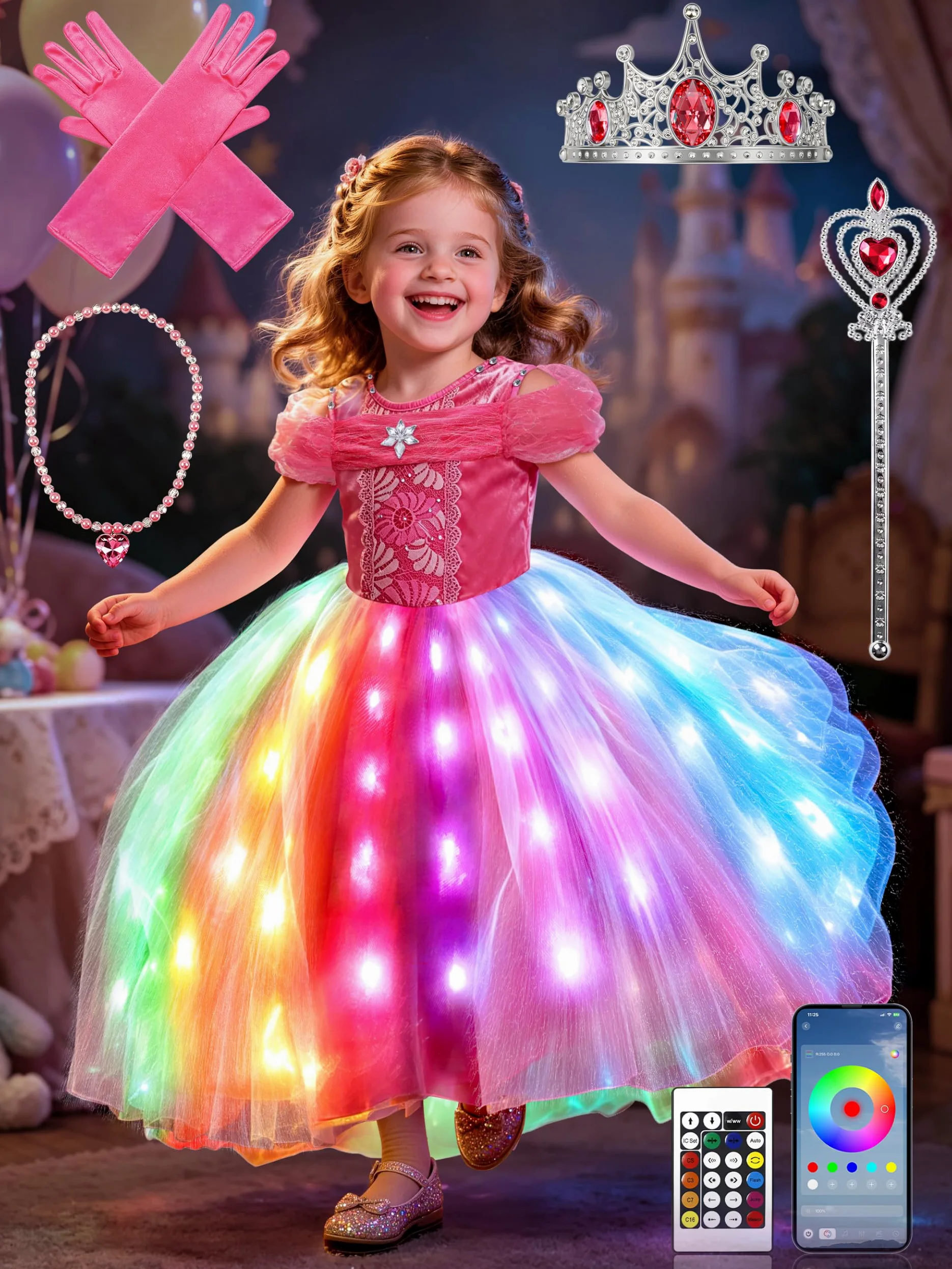 Disfraz de princesa para niña, control de aplicación, con 4 accesorios para Halloween, Navidad, carnaval