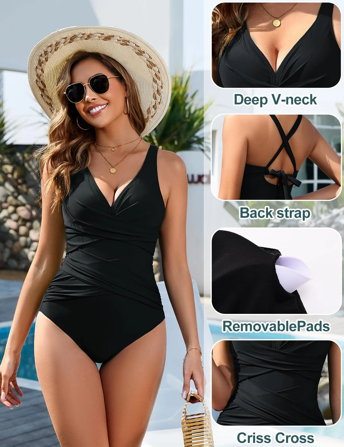 heekpek Bañador Mujer Reductor Barriga Push Up Vientre Plano Natacion Sexy Cuello en V Cruzado Delantero Traje de Baño Una Pieza