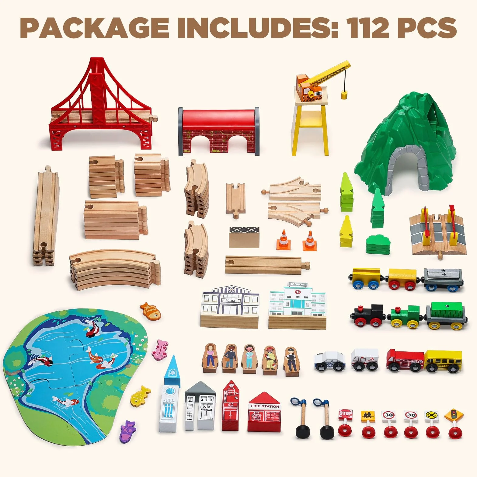 SainSmart Jr. Juego de Tren de Madera de 112 Piezas para niños pequeños, vías de Tren de Doble Cara, Compatible con Brio, Thomas, Melissa y Doug, Juguete de Madera niños y niñas