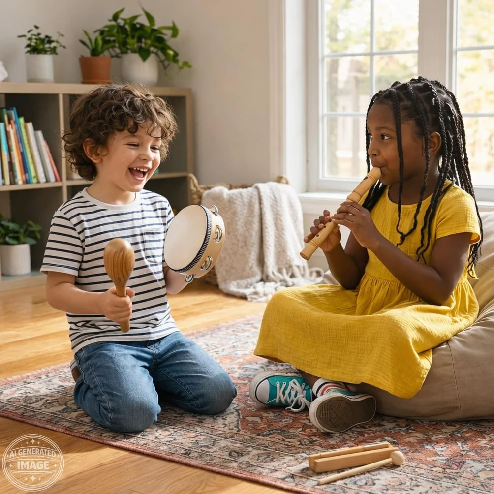 Set de Instrumentos Musicales de Madera Stoie’s para Niños de 1-9 Años – Tambor, Flauta, Maracas, Campanitas, Castañuelas, Pandereta, Juguete Montessori Educativo, Seguro, con Bolsa de Algodón