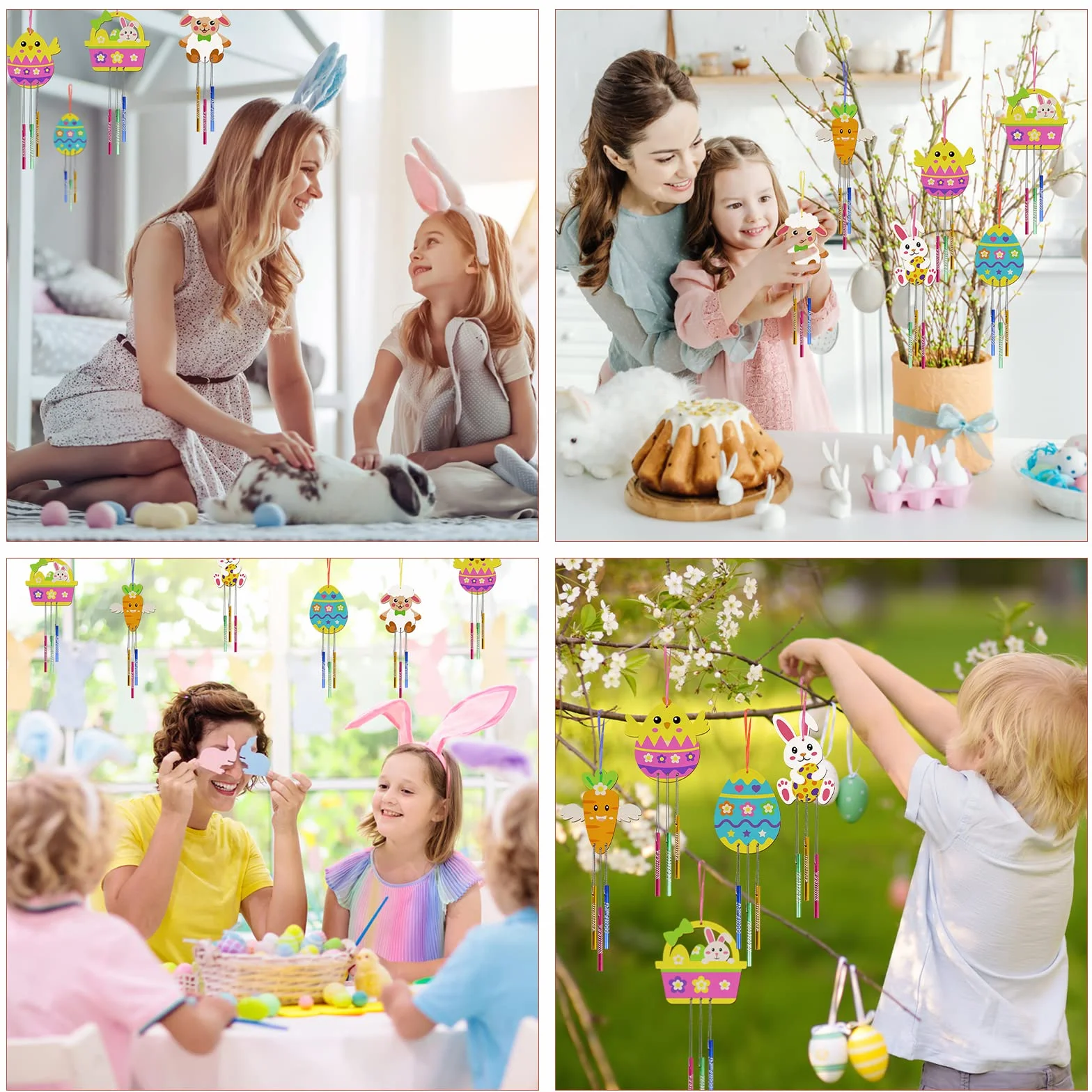 WEDNOK 12 piezas Kit de Pascua para niños, Campanas de viento de Pascua de madera para pintar, Decoraciones de Pascua, para regalos de Pascua