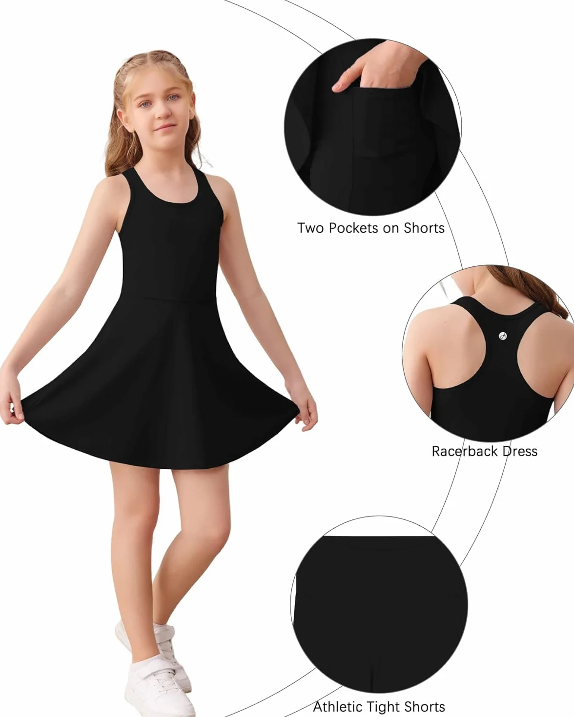 Vestido de tenis para niña sin mangas espalda cruzada con pantalones cortos y bolsillos