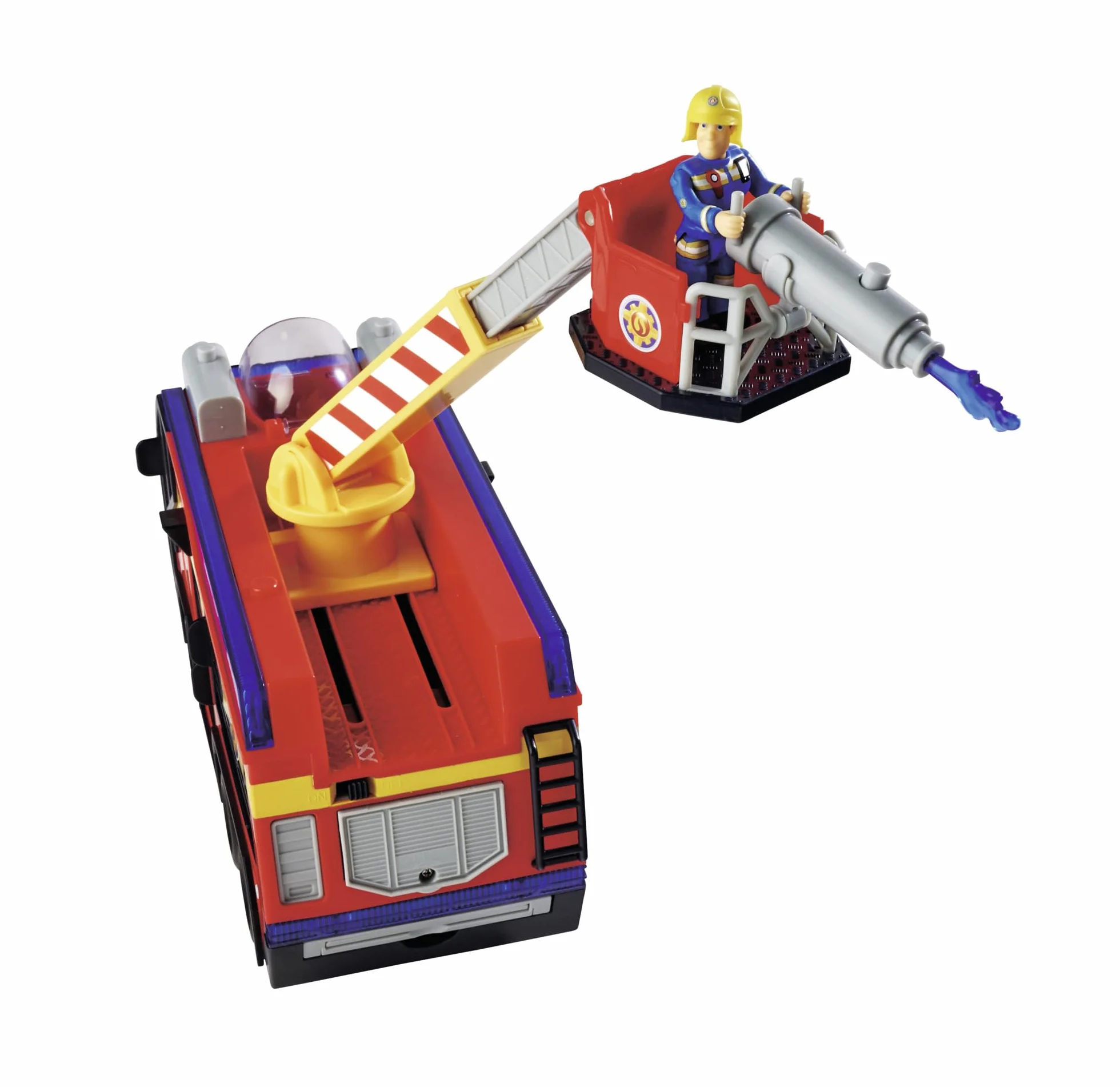 Simba 109252595 Figura de Júpiter Bombero, camión de Bomberos, Sam y Radar, Efectos de luz, Sirena, Escalera giratoria, Flechas de Agua, Plataforma para Quad, 32 cm, Accesorios, a Partir de 3 años