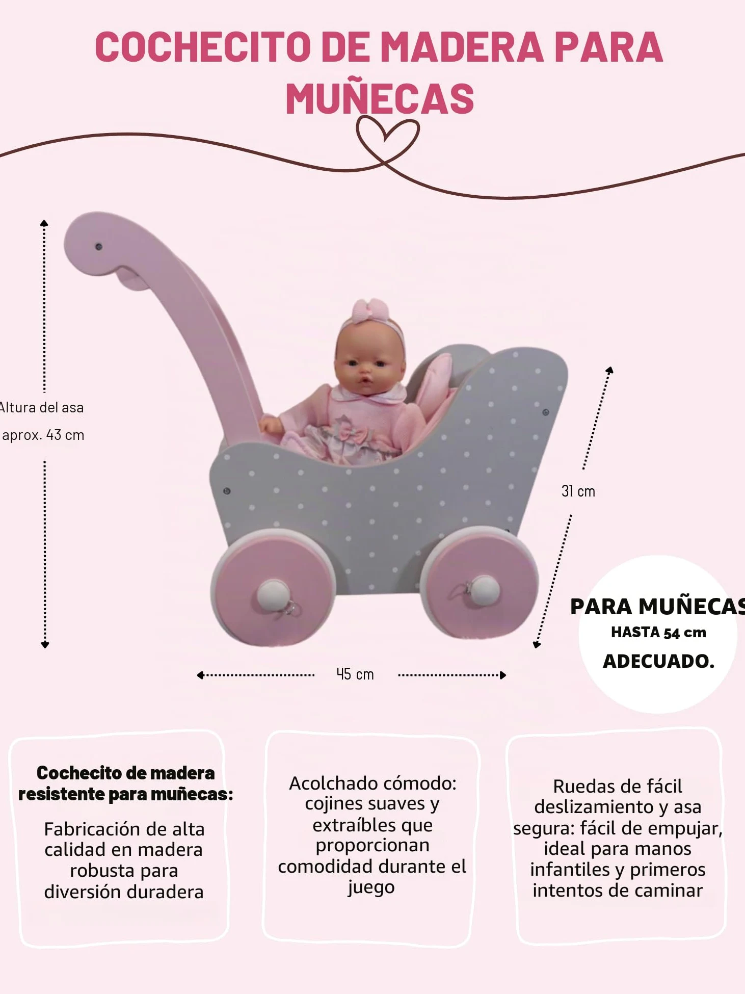 Cochecito de Madera para muñecas de bebé de hasta 54 cm, Carrito de muñecas de Madera, Altura de Empuje 43 cm, Puntos Grey
