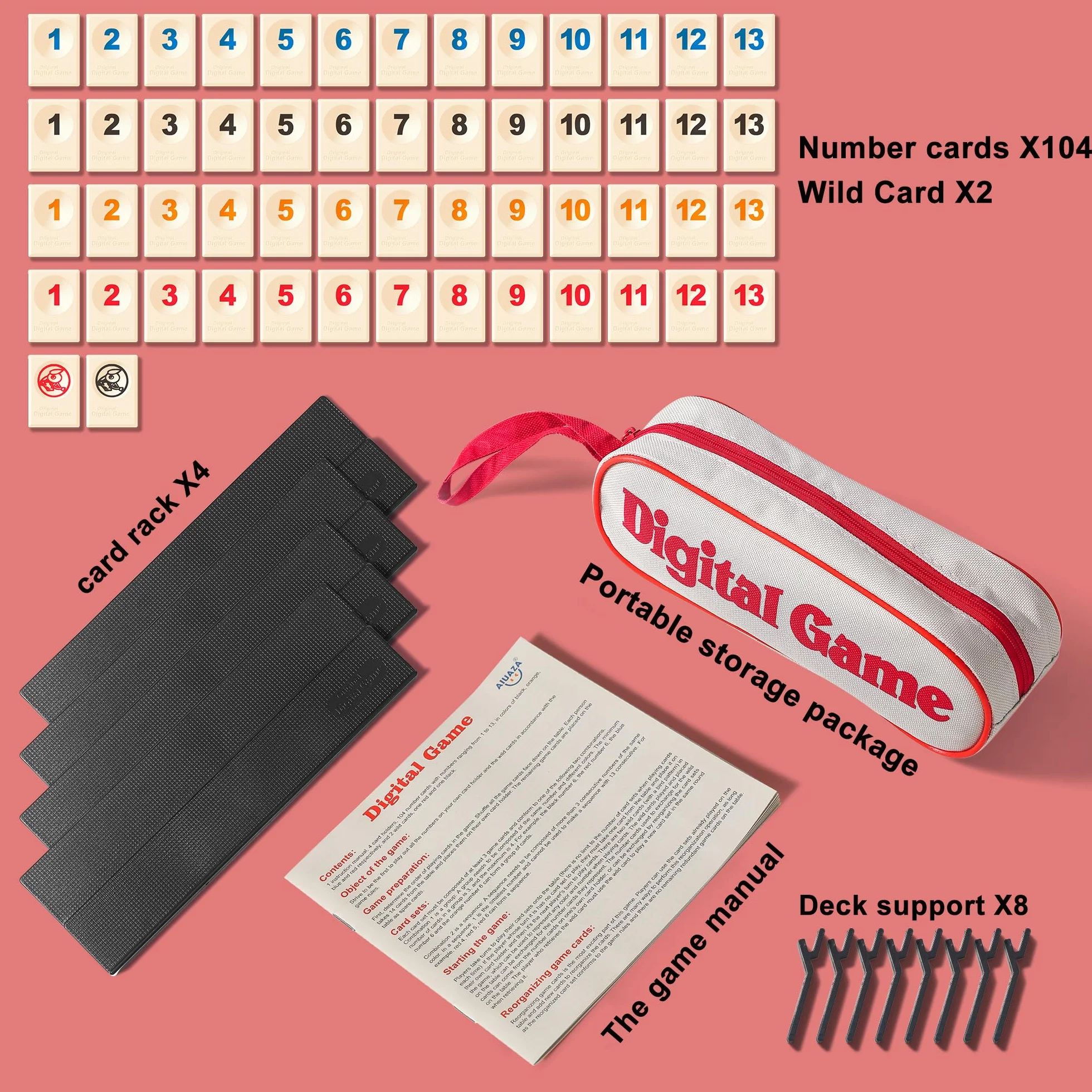 AIUAZA Juego de Rummy Cube con bolsa portátil, mini juego de Rummy Cube para adultos y niños, 106 fichas, soporte de juego, set de viaje con 4 portafichas para juegos de mesa clásicos familiares