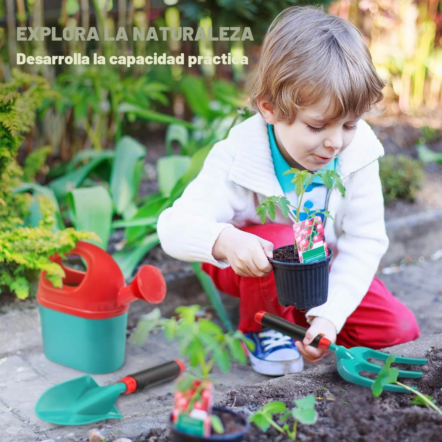 CUTE STONE - Carretilla infantil para niños, juego de herramientas para jardinería, juguetes de jardín con carretilla, guantes, rastrillo de mano, pala, doble azada, juguetes para interior y exterior