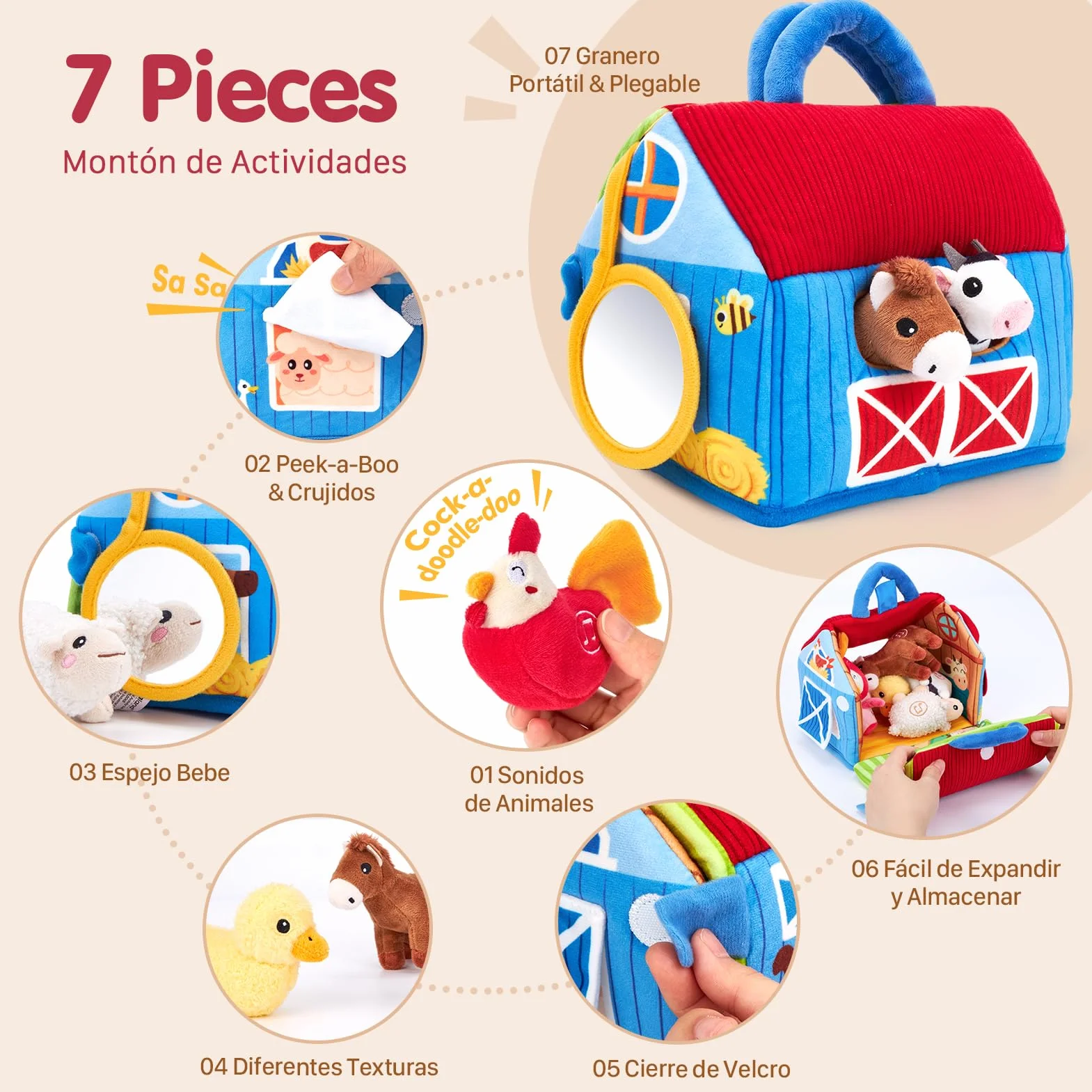 hahaland Juguetes Bebes 6-12 Meses - Granja de Peluche con 6 Animales Interactivo, Granero Plegable Blando - Montessori Juguetes Niños 1 año Regalo Bebe 6 12 18 Meses