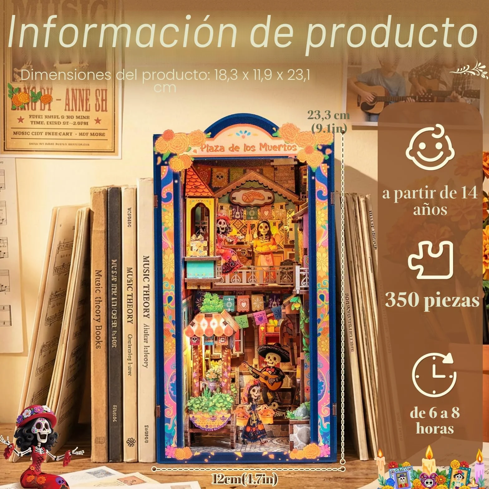 CUTEBEE Book Nook Kit - Casa de Muñecas DIY para Adultos, Maqueta en Miniatura para Montar, Rompecabezas 3D de Madera del Día de Muertos, Decoración para Estantería (Plaza de los Muertos)