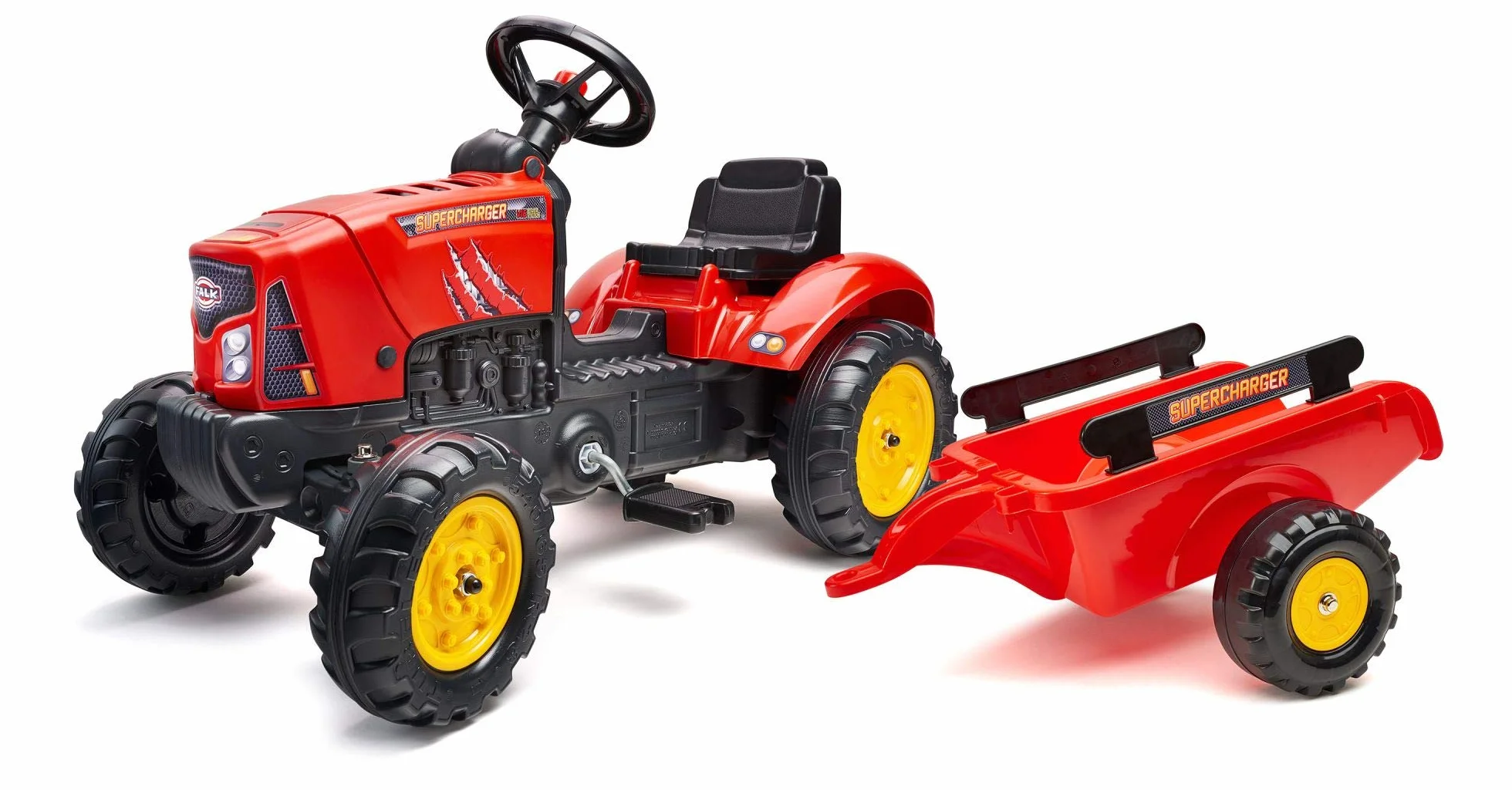 Falk - Tractor de Pedales sobrealimentador con Remolque - A Partir de 2 años - Fabricado en Francia - Capó abatible - Volante direccional con bocina - 2030AB