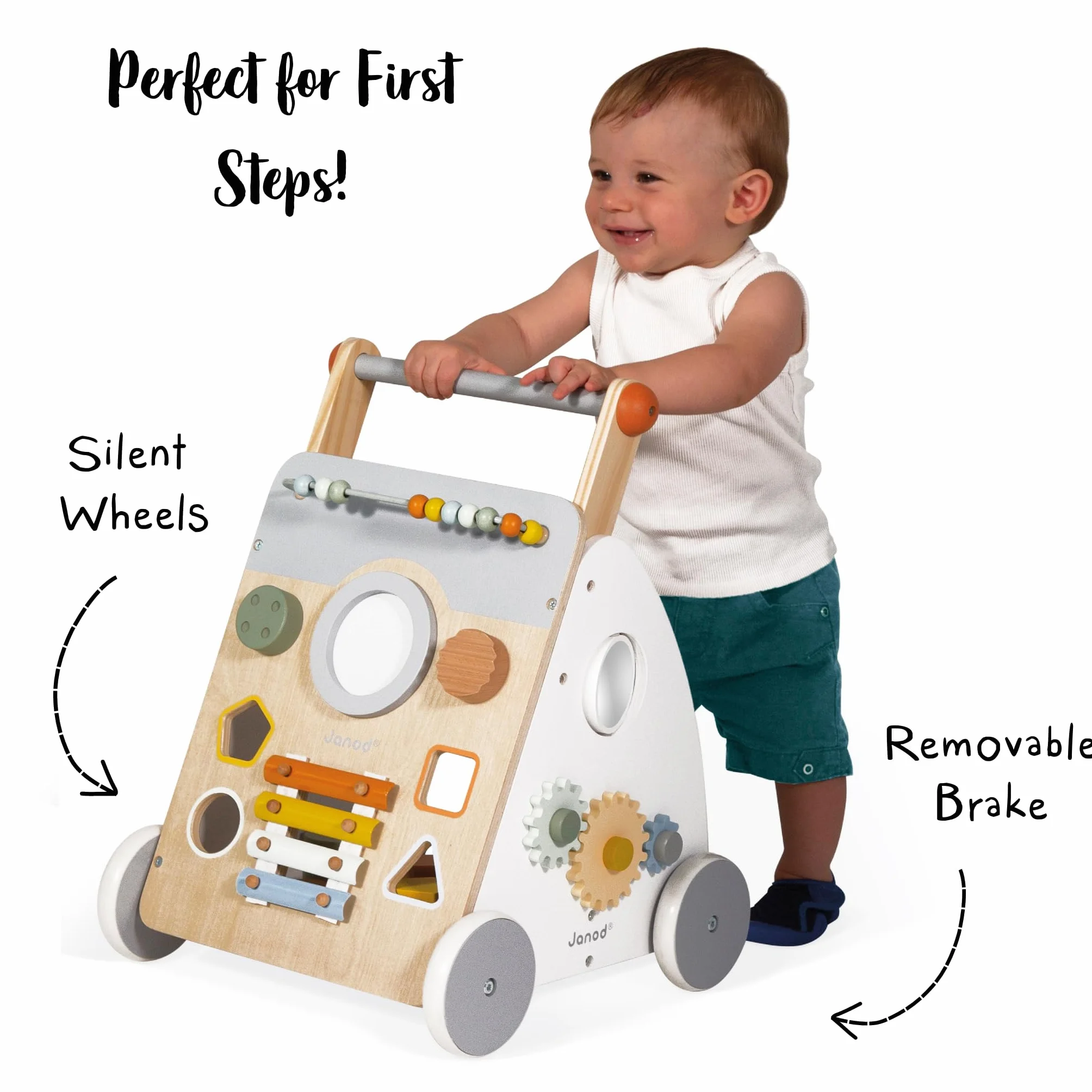 Janod - Carro Multiactividad Sweet Cocoon - Carro de Madera para aprender a caminar - 9 Actividades - Ruedas Silenciosas, Pintura al Agua - Juguete Infantil Adaptable desde los 12 meses, J04410