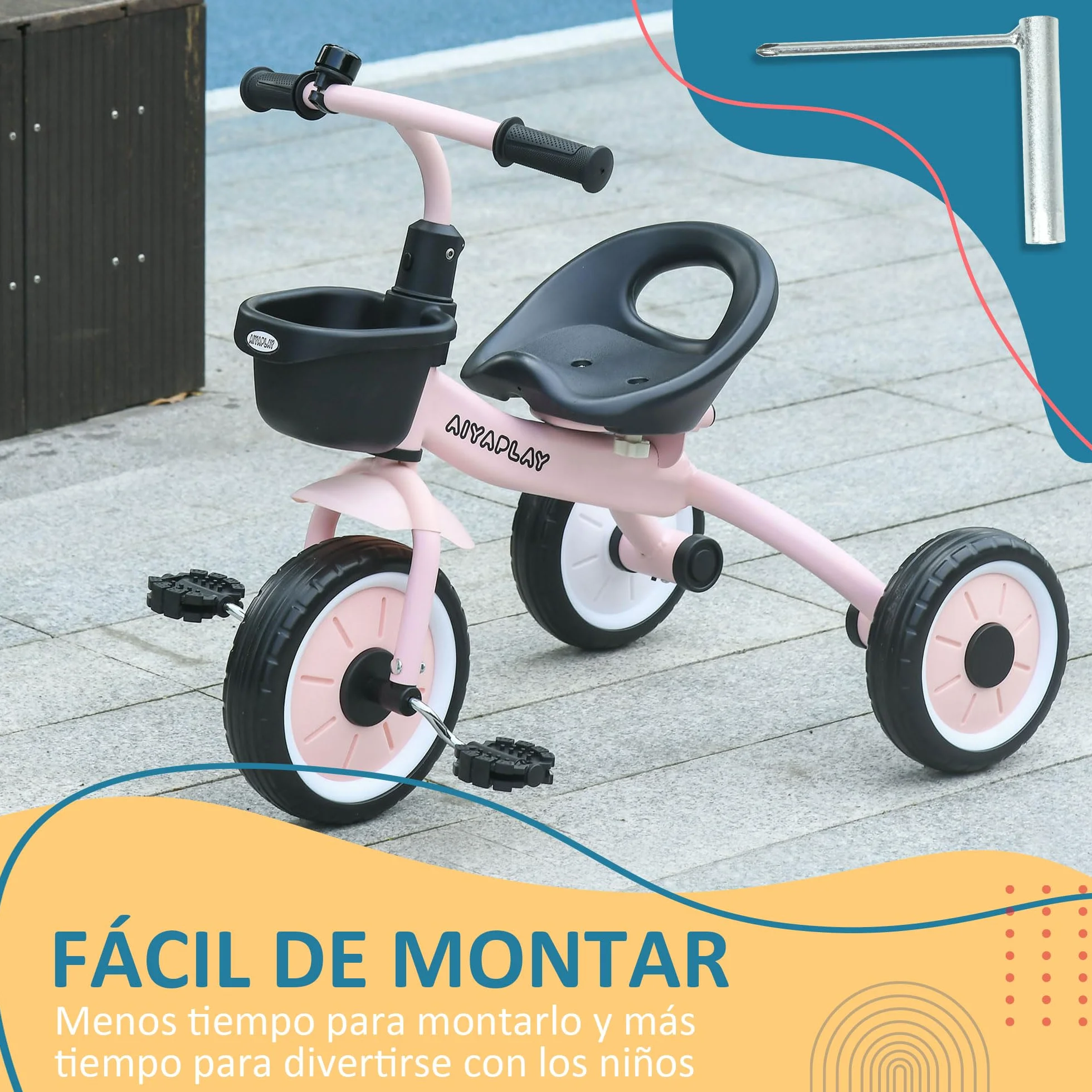 AIYAPLAY Triciclo para Niños de 2 a 5 Años Bicicleta Infantil con Asiento Ajustable Cesta Timbre Pedales y 3 Ruedas Carga 25 kg 70,5x53x58 cm Rosa