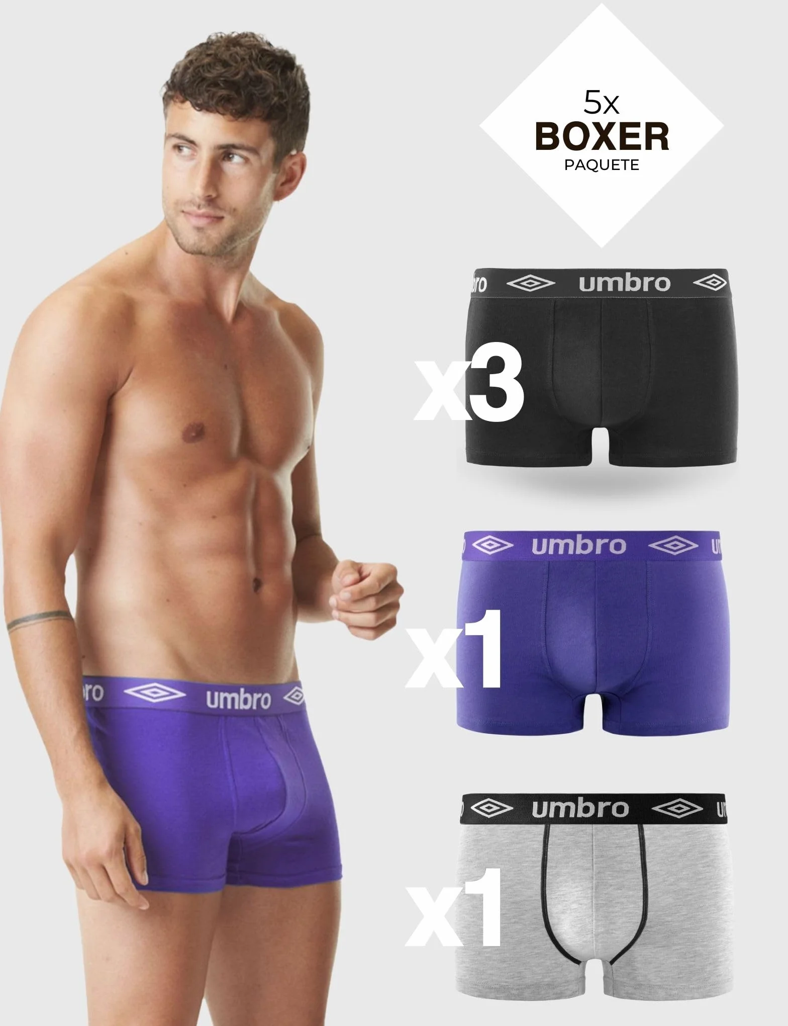 Umbro Boxer Hombre 100% Algodón Ropa Interior Sostenible Natural Lote 5