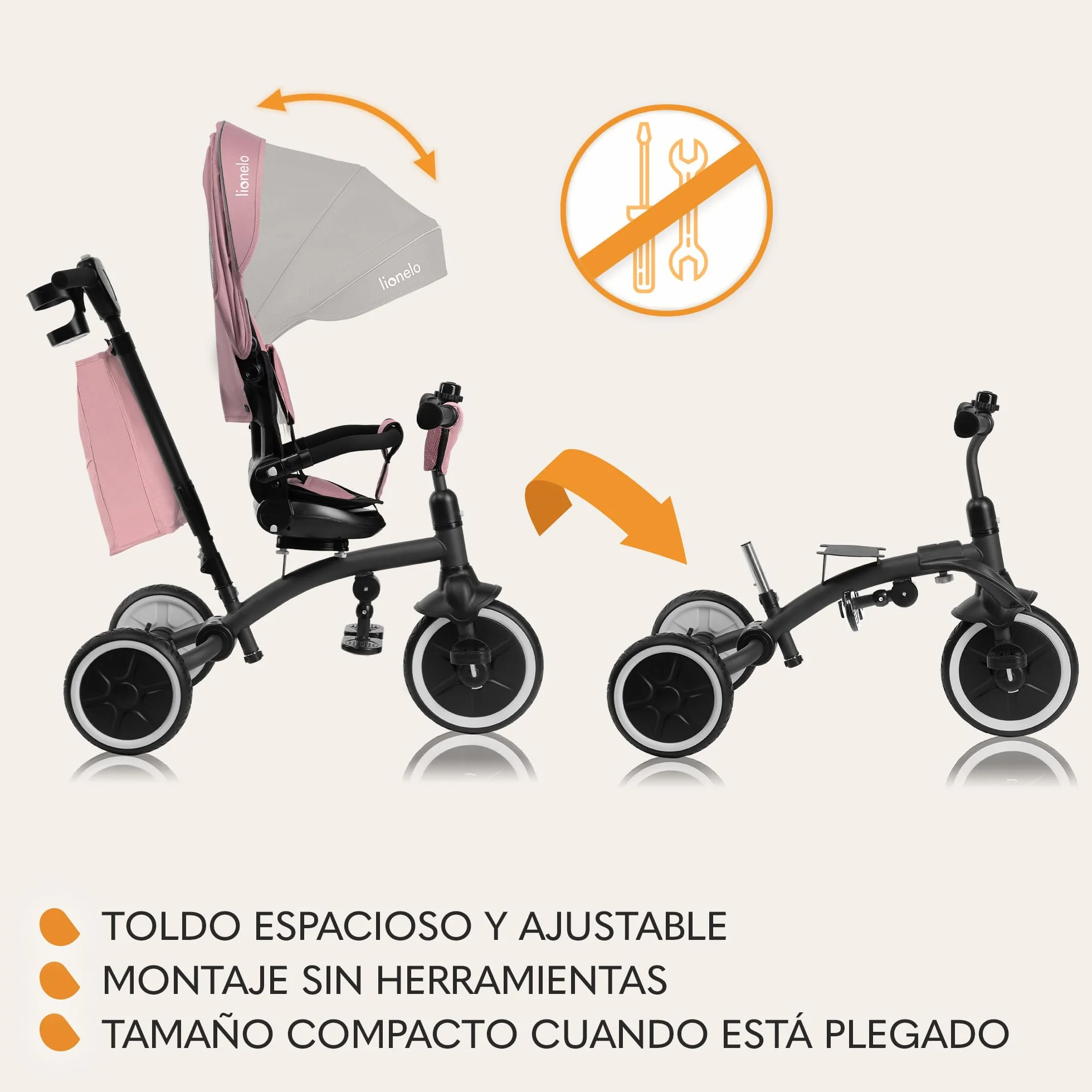 LIONELO Tris Plus Bicicleta de Paseo Triciclo Multifunción de 9 Meses a 25 kg, Carrito Bebé, Ruedas Grandes PU Asiento Giratorio 360° Respaldo Ajustable Montaje sin Herramientas