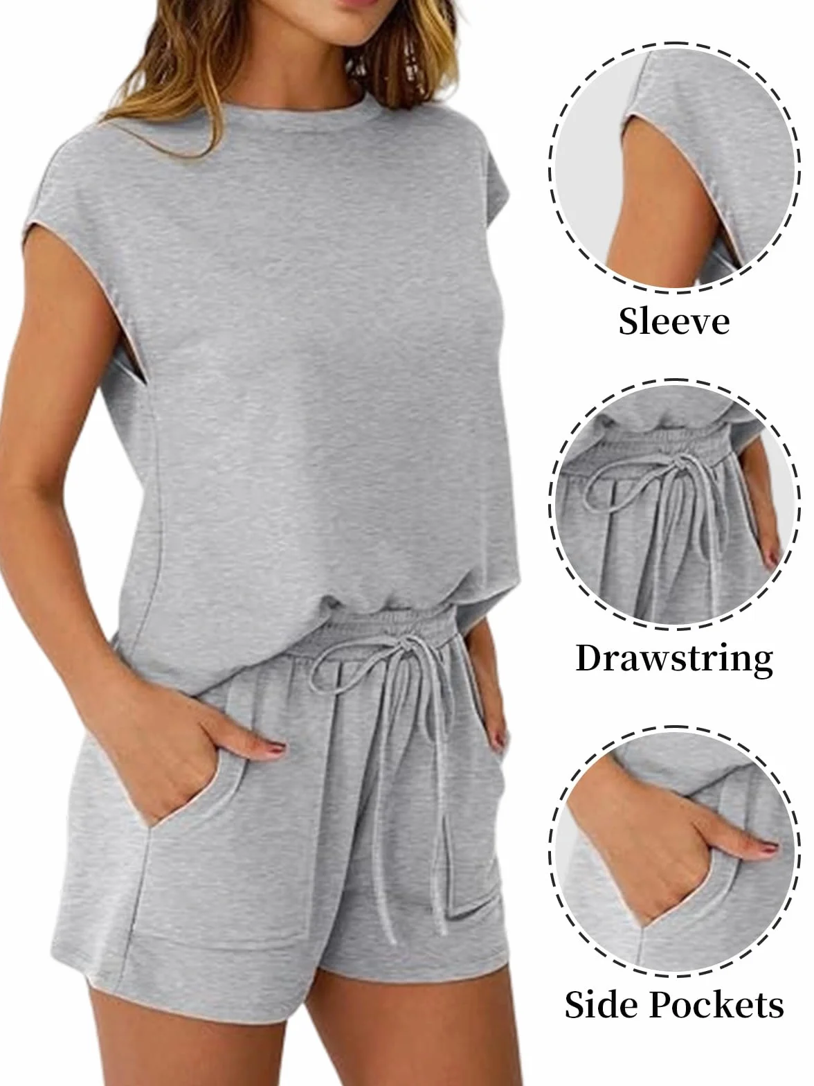 Chándal Mujer Verano 2 Piezas Casual Cuello Redondo Top Sin Mangas Pantalones Cortos Bolsillos Cordón Ajustable