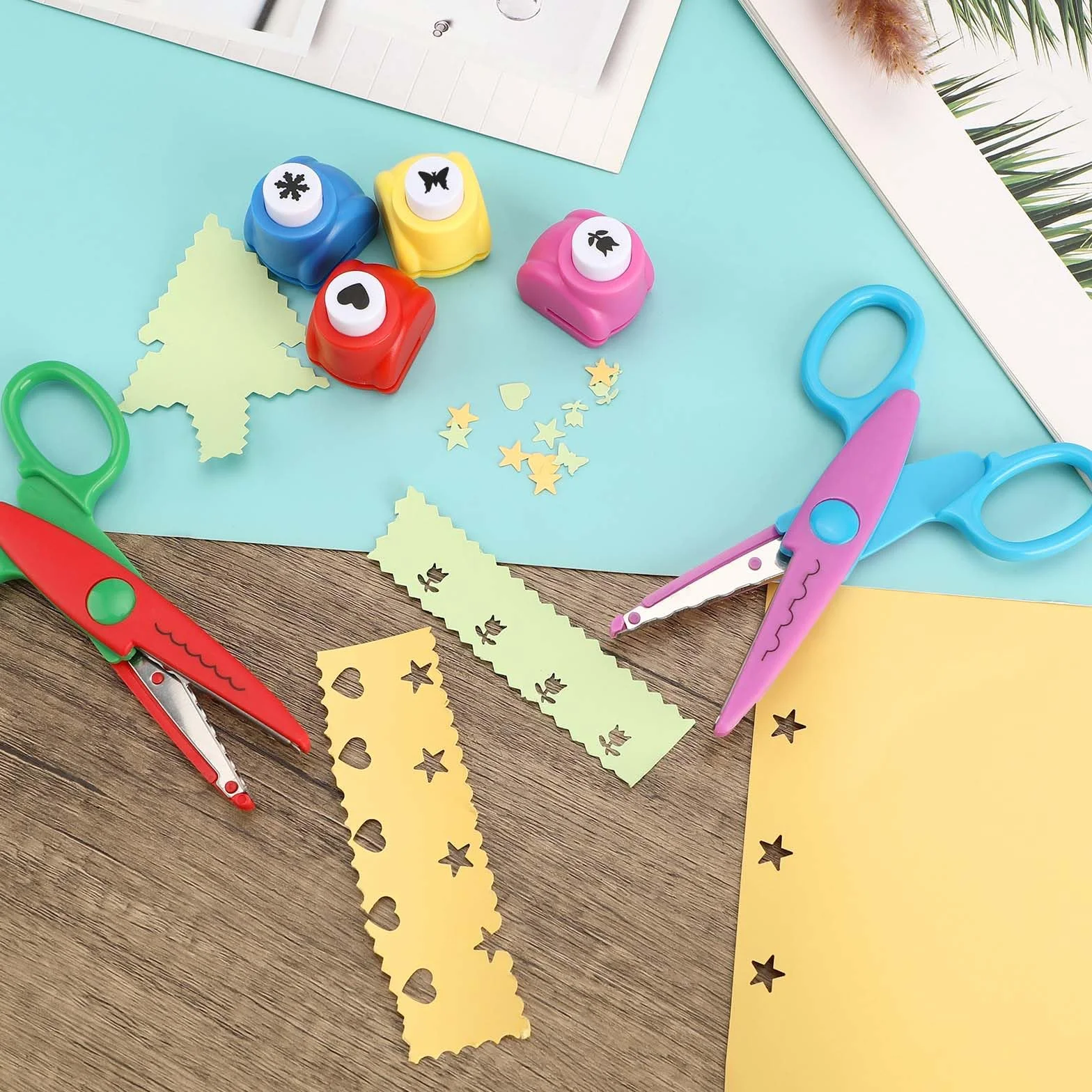 Juego de 6 tijeras para manualidades para niños, con 6 troqueles de papel, 6 formas de corte diferentes, juego de tijeras de papel para niños, guardería, principiantes, manualidades
