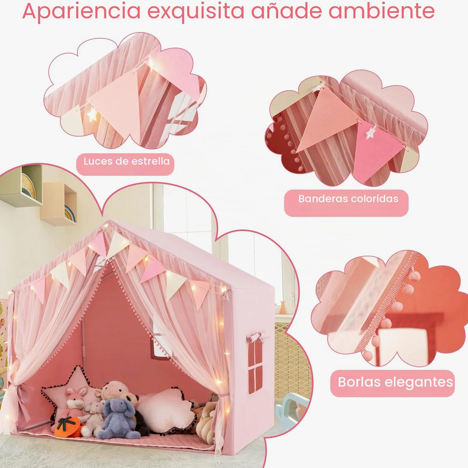 HOMASIS Tienda de Campaña Infantil con Colchoneta de Algodón, Casitas Infantil Tela de Interior con Luces, Cortina y Banderas, Cabañas para Niños a Partir de 3 Años, 146x96x133cm (Rosa)