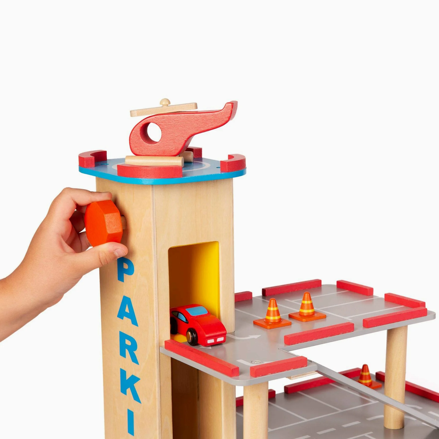 boppi Garaje y Aparcamiento de Madera de Juguete de 39 cm de Alto para niños de 12 Piezas, con Ascensor Funcional a Las 3 Plantas, gasolinera, señales de tráfico, 2 Coches de Juguete y un helicóptero