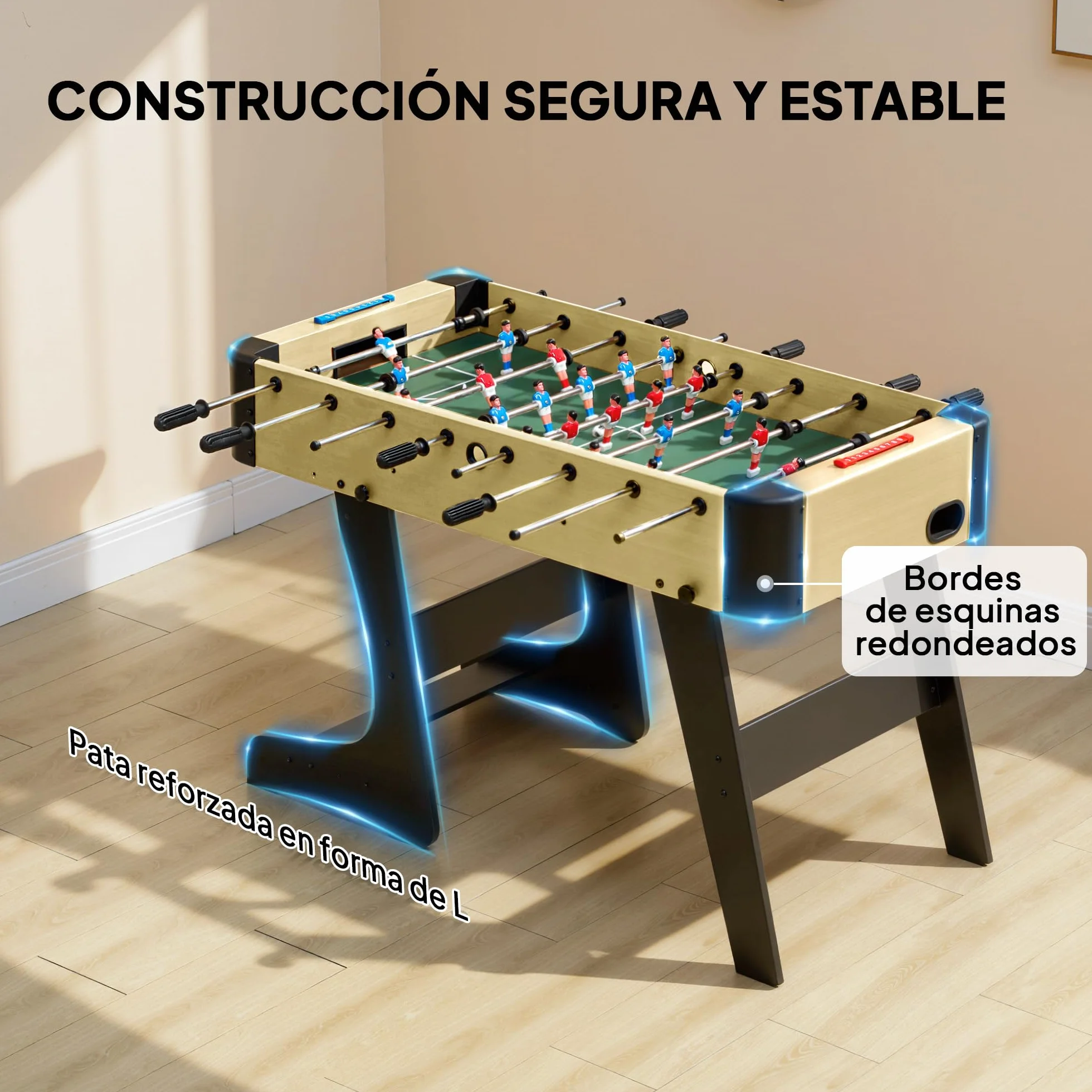 SPORTNOW Futbolín para Niños Plegable, Mesa de Futbolín de Madera con 2 Marcadores, 8 Asas, 22 Jugadores, 8 Barras y 2 Bolas, para 2 a 4 Personas, Adultos, Familias, Fiestas, 118x107,5x78 cm, Natural