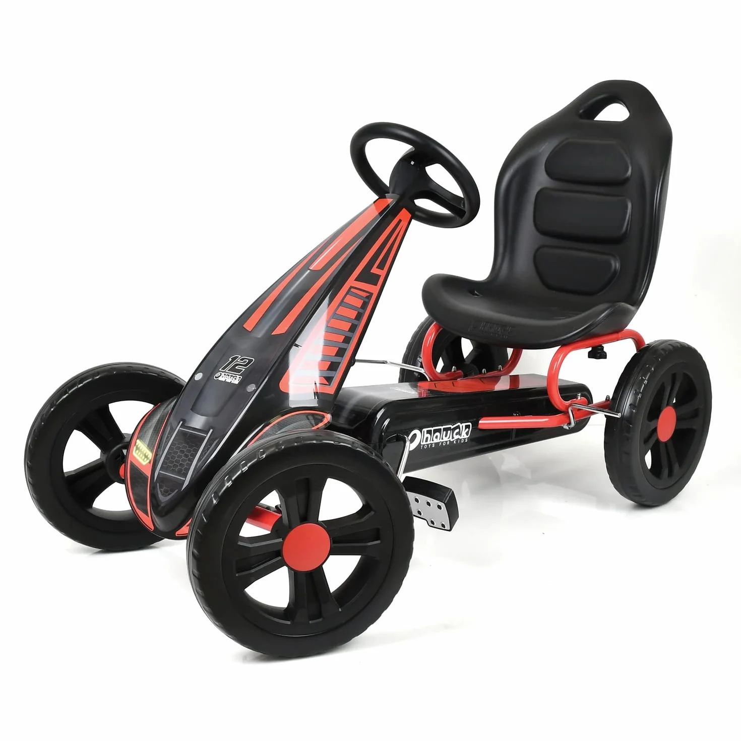 hauck Go Kart Cyclone - Kart Pedales para Niños de 4 a 10 Años - Coche Pedales con Ruedas de 12 Pulgadas - Go-Kart con Freno de Mano y Asiento Ajustable - Chasis de Acero - Negro/Rojo